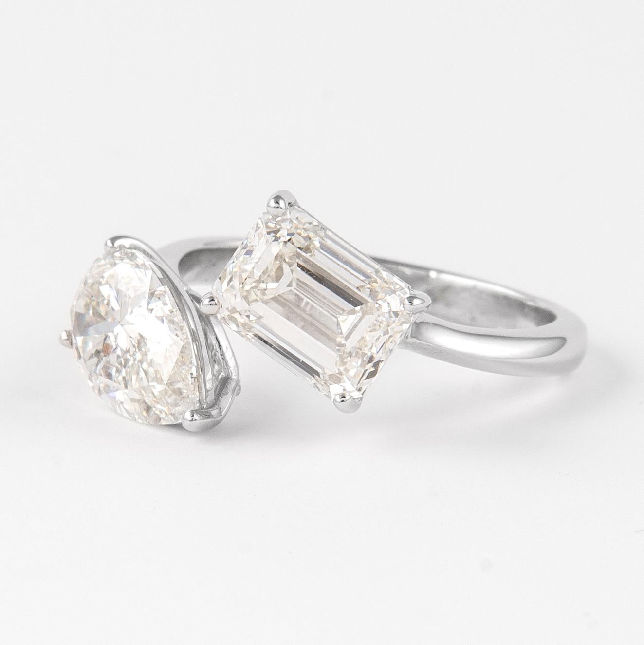 Emerald Cut Alexander GIA & EGL Certified 3.71 Carat Toi Et Moi Diamonds Ring 18k White Gold For Sale