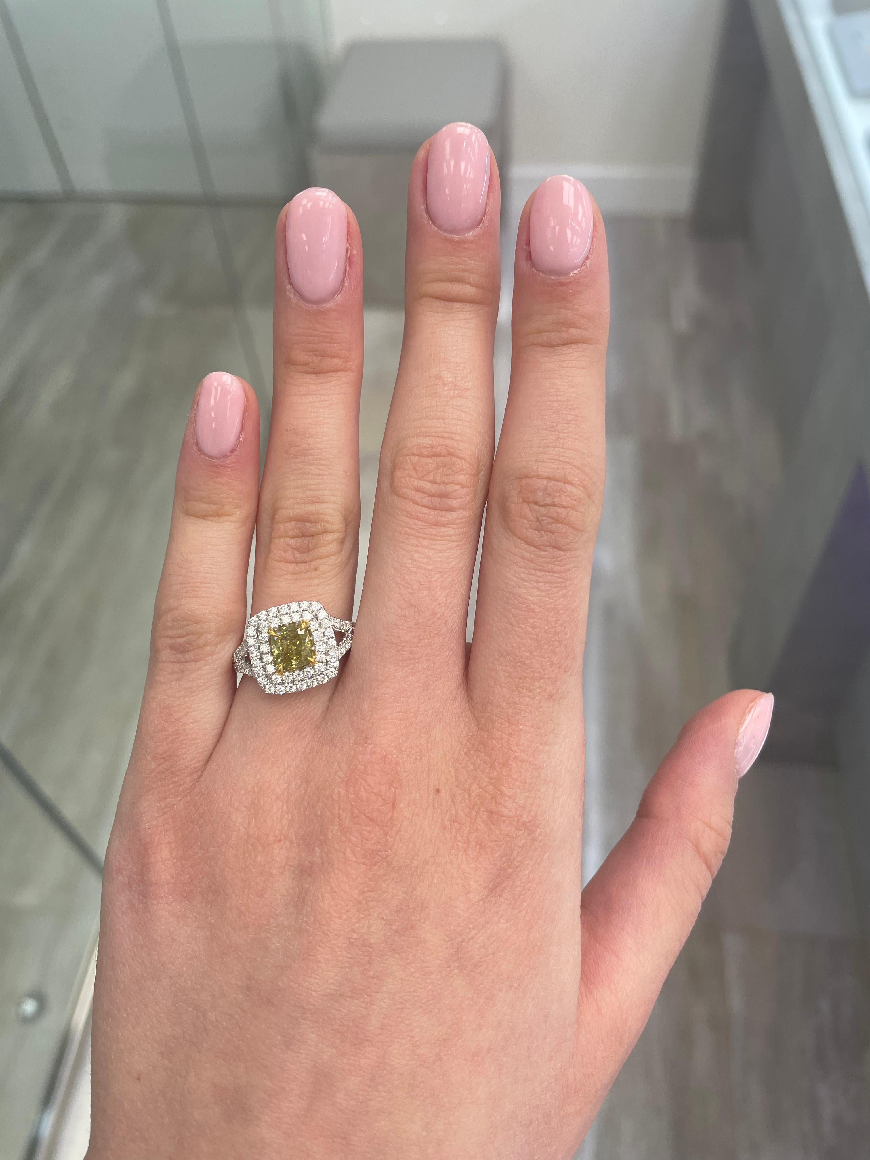 Contemporary Alexander GIA Fancy Deep Yellow Diamond Double Halo Ring 18k Two Tone For Sale