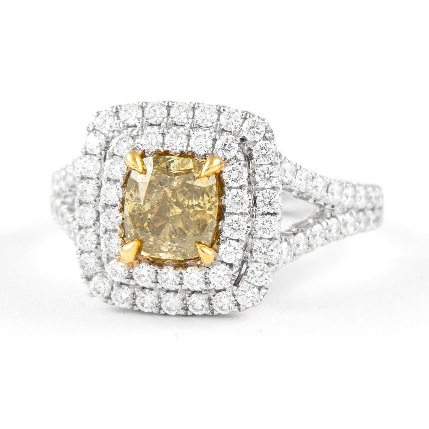 Cushion Cut Alexander GIA Fancy Deep Yellow Diamond Double Halo Ring 18k Two Tone For Sale