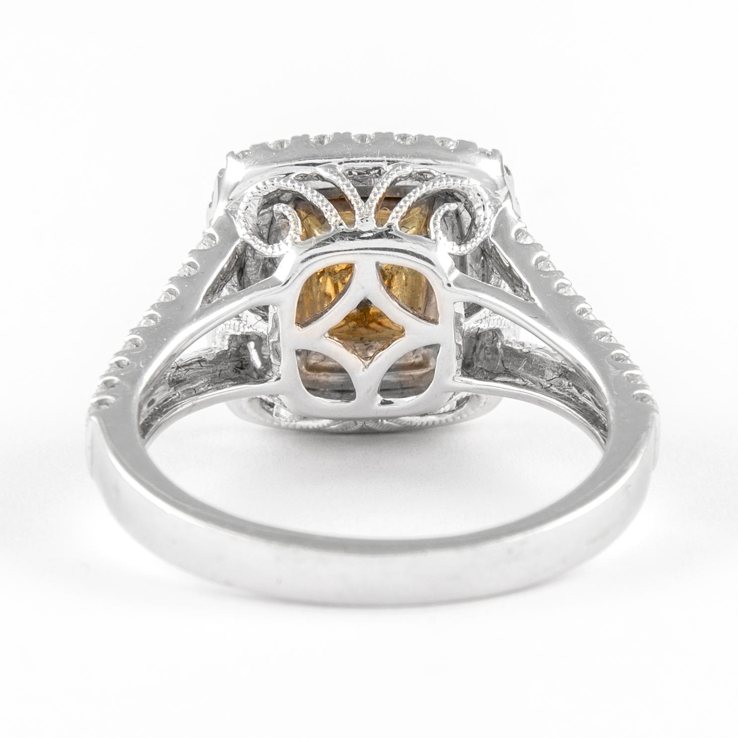 Women's Alexander GIA Fancy Deep Yellow Diamond Double Halo Ring 18k Two Tone For Sale