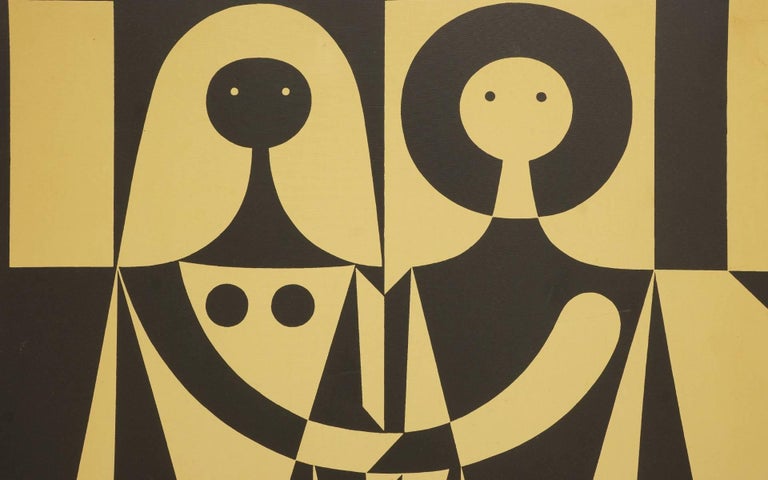 Wall hanging designed in 1972 by Alexander Girard. This is a silk screened image of a male and female. Colors are black and patinated white which is now a cream color. Stretched over a wood structure with a chrome frame. Very good all original