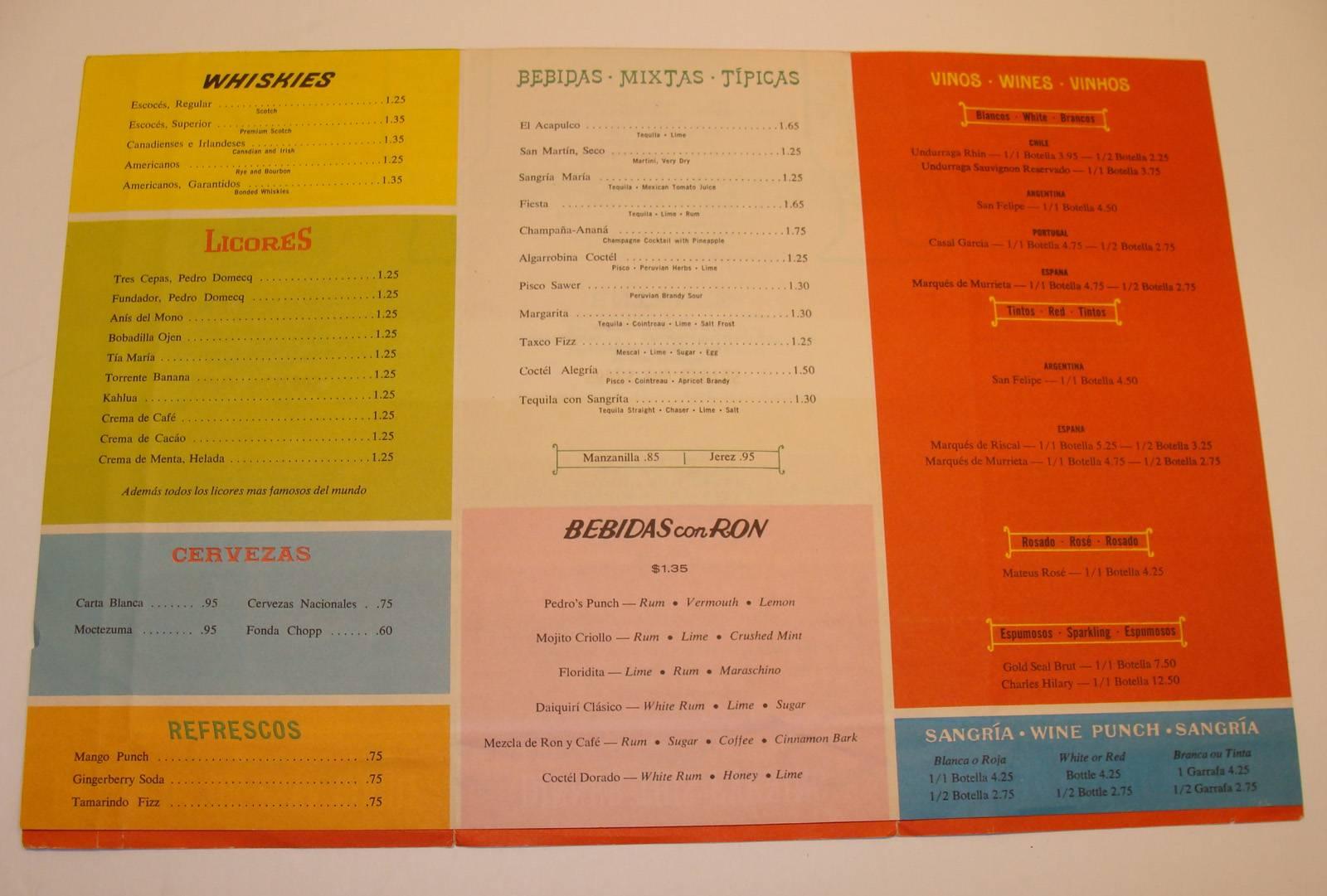 Midcentury Folk Art.
Rare dinner menu designed for La Fonda del Sol Restaurant, NYC,
1960. One of the earliest examples of complete design environment by the iconic Alexander Girard (1907-1993). This example is identical to the menu in the