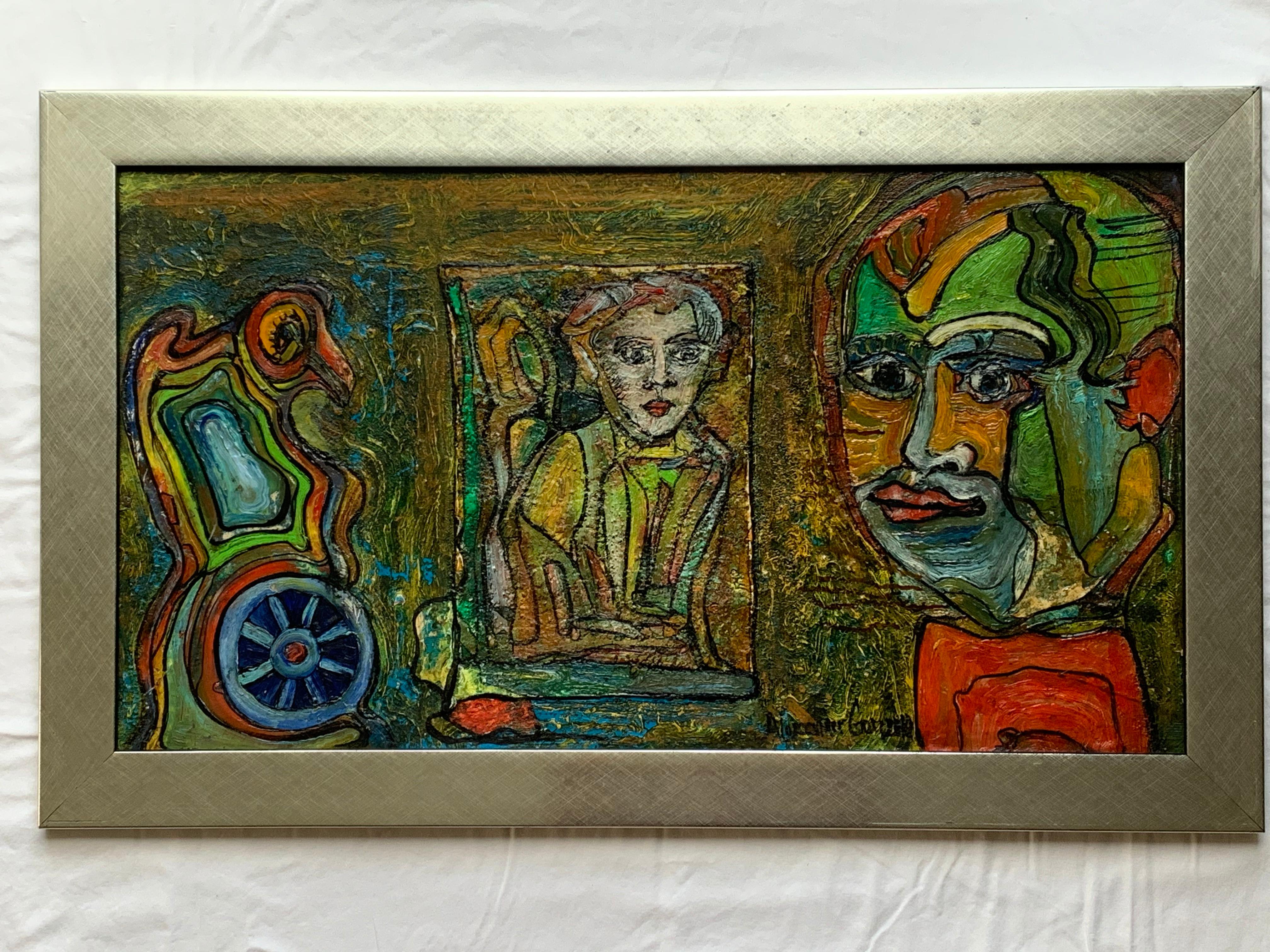 Unique Original Alexander Gore Folk oil painting with Verified Signature and stamp of authenticity. Beautiful shades of blue, green, red, orange, and yellow.