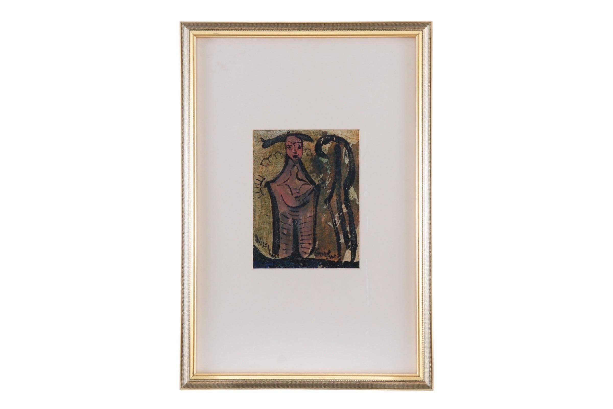Ein Paar figurale Gemälde in Acryl und Trockendruck mit Collage auf Karton des Künstlers Alexander Gore, geb. 1958. Energetische abstrakte Linien formen Figuren und Gesichter mit freundlichem Ausdruck, die im Kontrast zu den stimmungsvollen