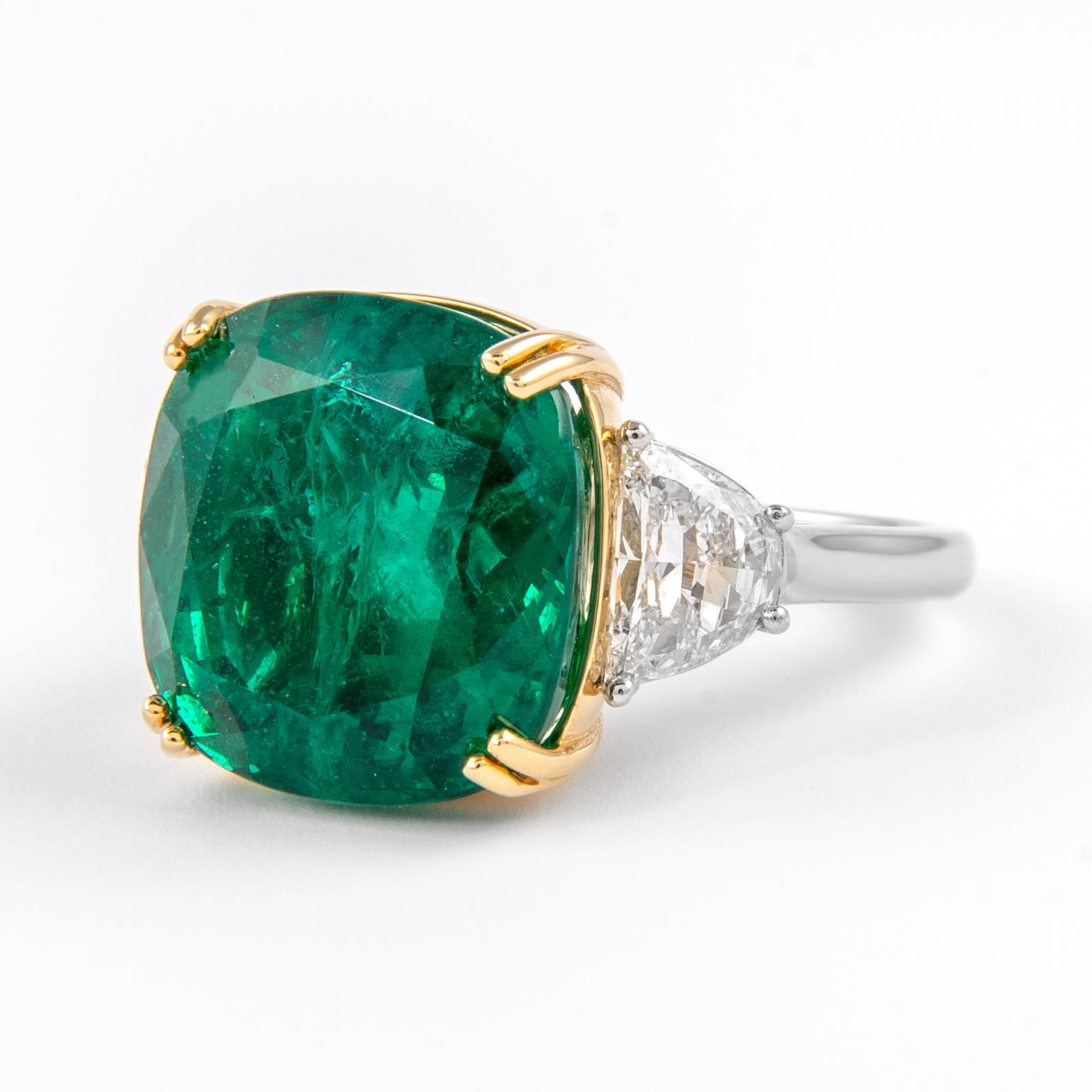 Contemporary Alexander GRS Certified 14.09ct Emerald & GIA Diamond 3-Stone Ring 18k Two Tone