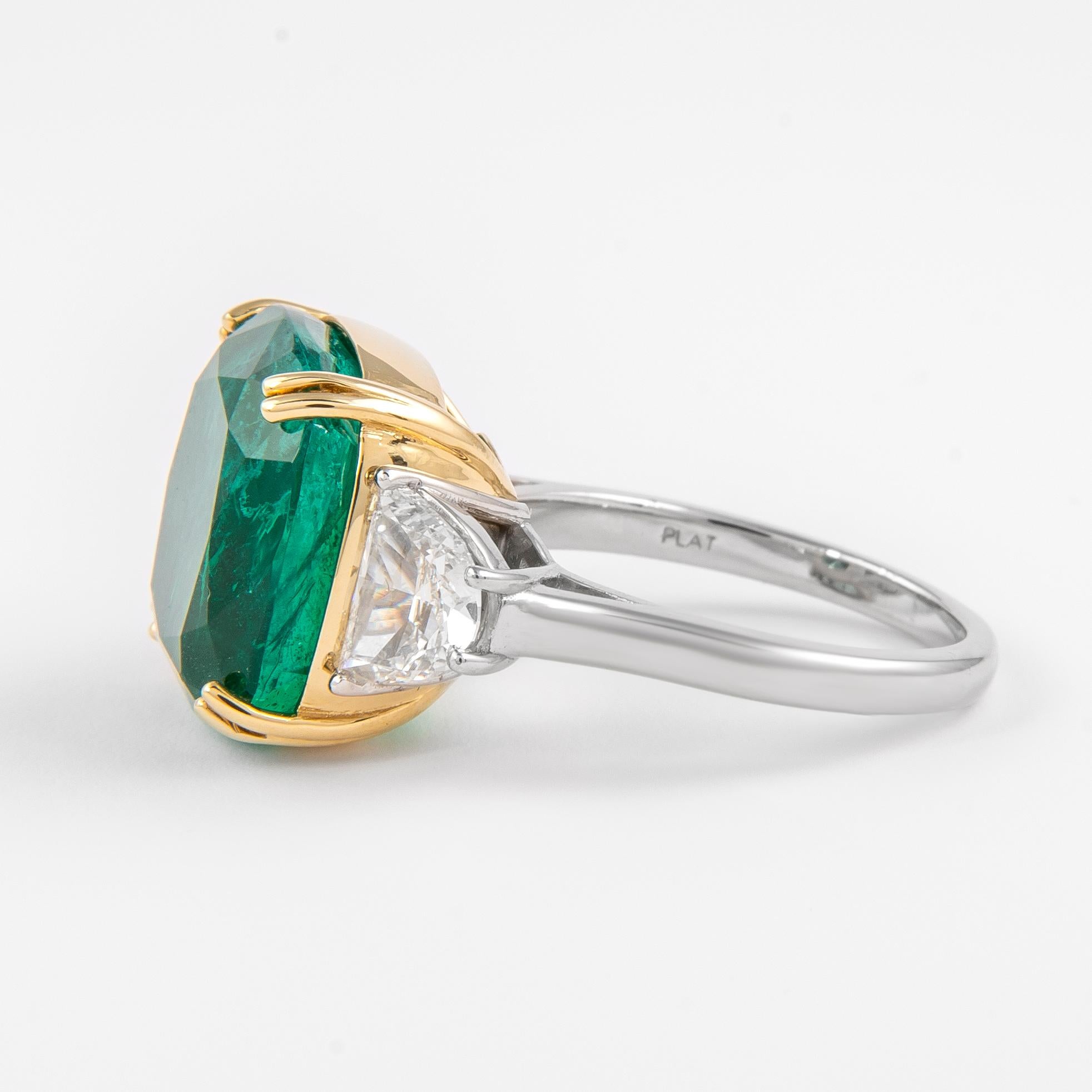 Cushion Cut Alexander GRS Certified 14.09ct Emerald & GIA Diamond 3-Stone Ring 18k Two Tone