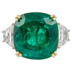 Alexander GRS Certified 14.09ct Emerald & GIA Diamond 3-Stone Ring 18k Two Tone