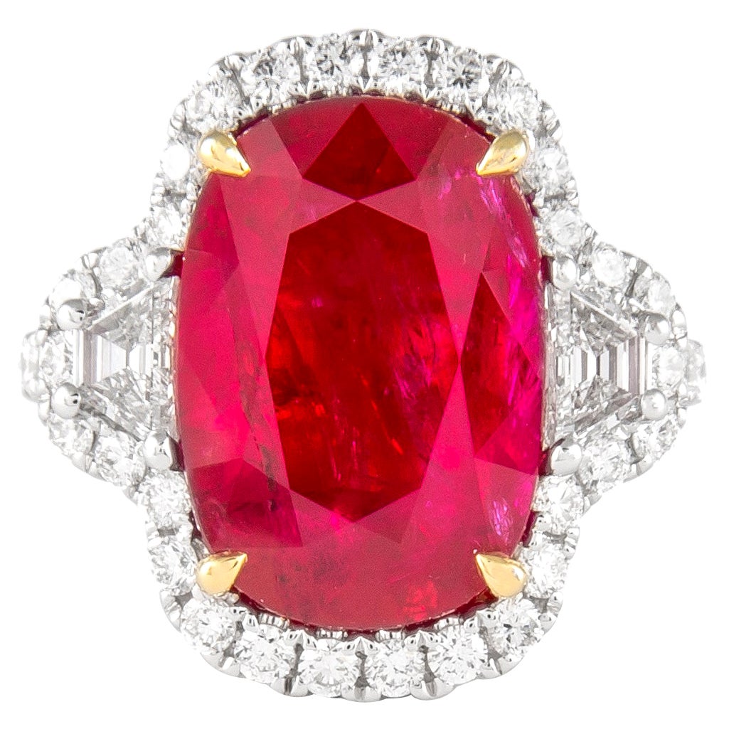 Alexander GRS Certified 8.12ct Ruby with Diamond Three Stone Halo Ring 18k
