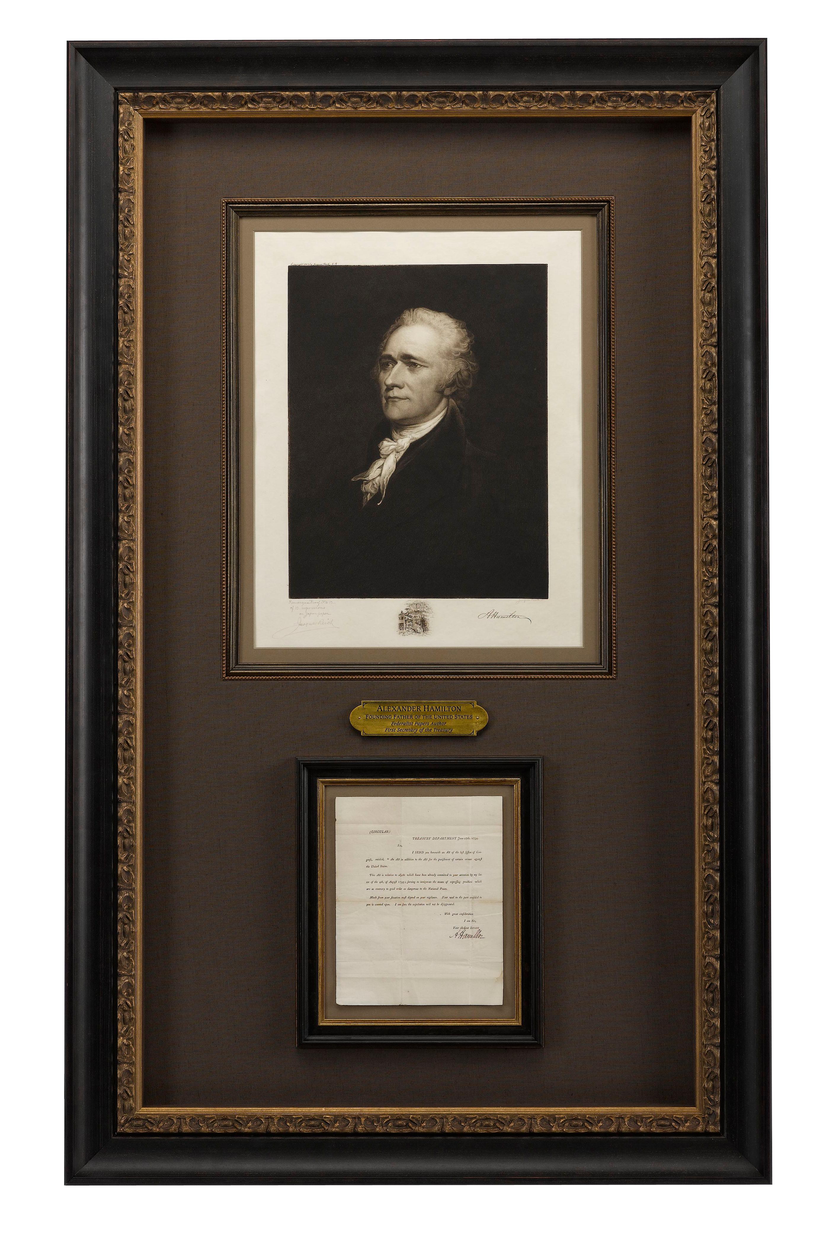Presented is an original collage featuring the autograph of Alexander Hamilton. This one of a kind collage highlights Hamilton, with an original signed Treasury Department circular letter, dated June 17th, 1794. The letter has been framed underneath