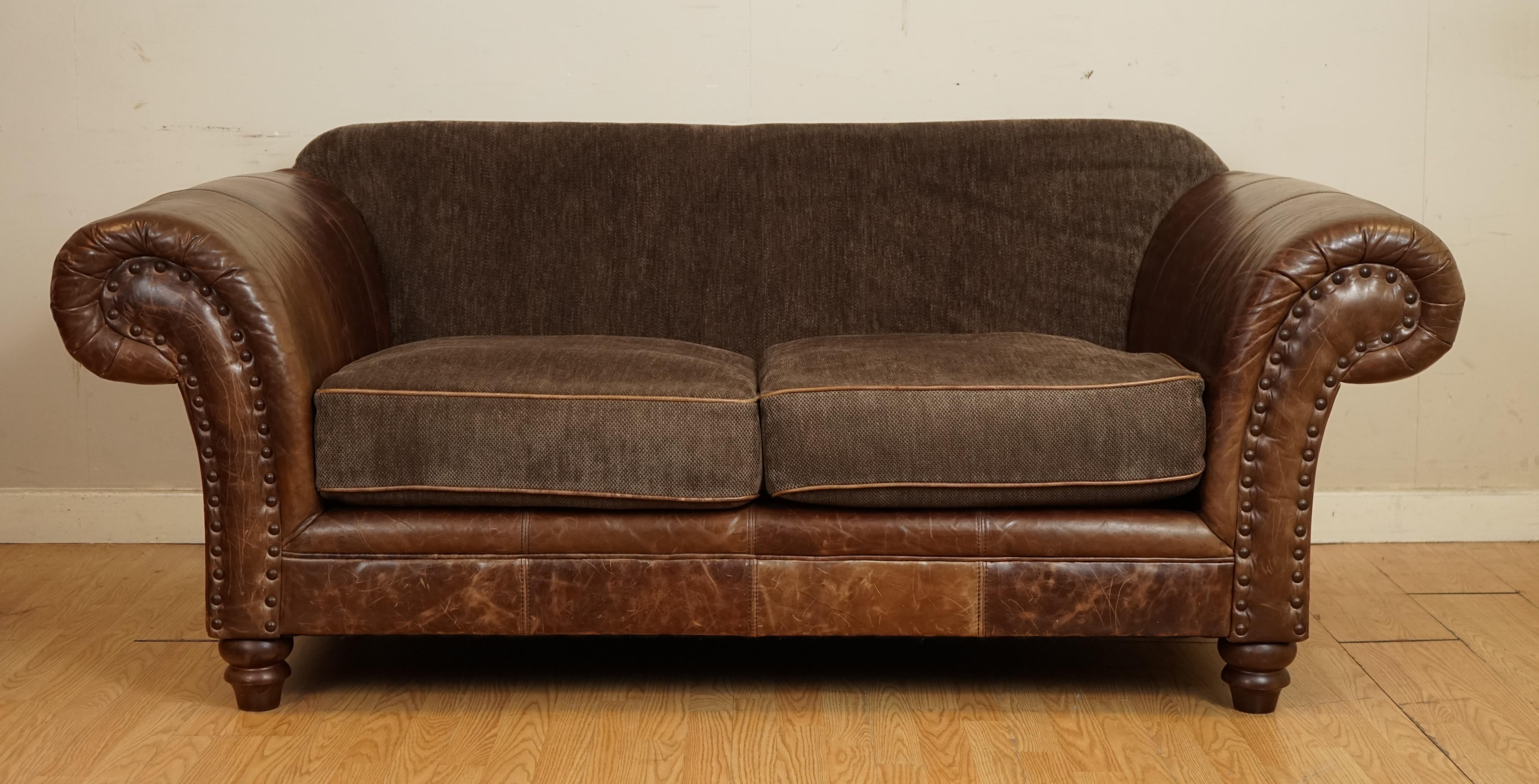 British Alexander & James Distressed Chesterfield Two Seater Leather and Fabric Sofa