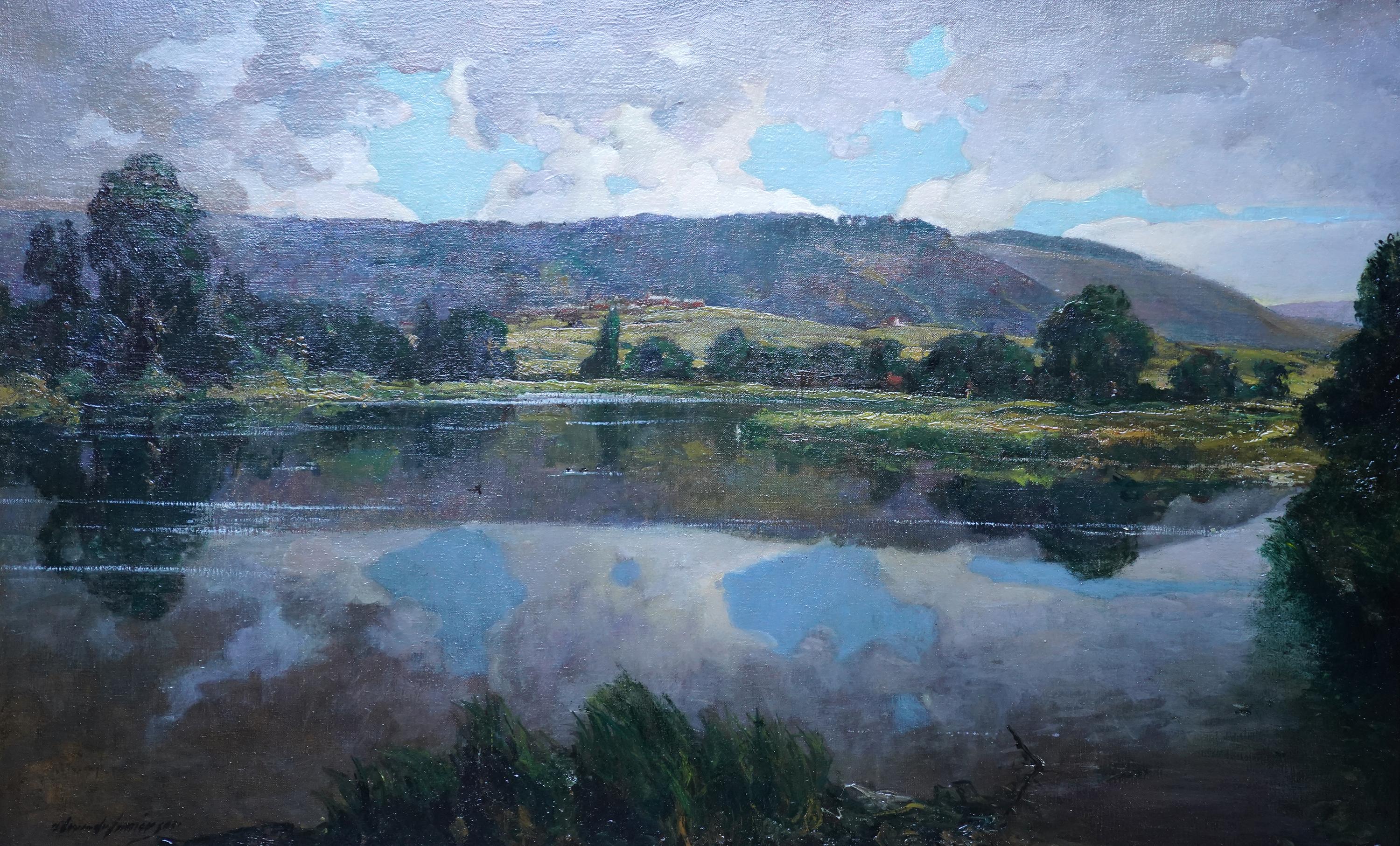 Evening on the Lake - Schottisches Ölgemälde einer impressionistischen Landschaft im Edwardianischen Stil (Impressionismus), Painting, von Alexander Jamieson
