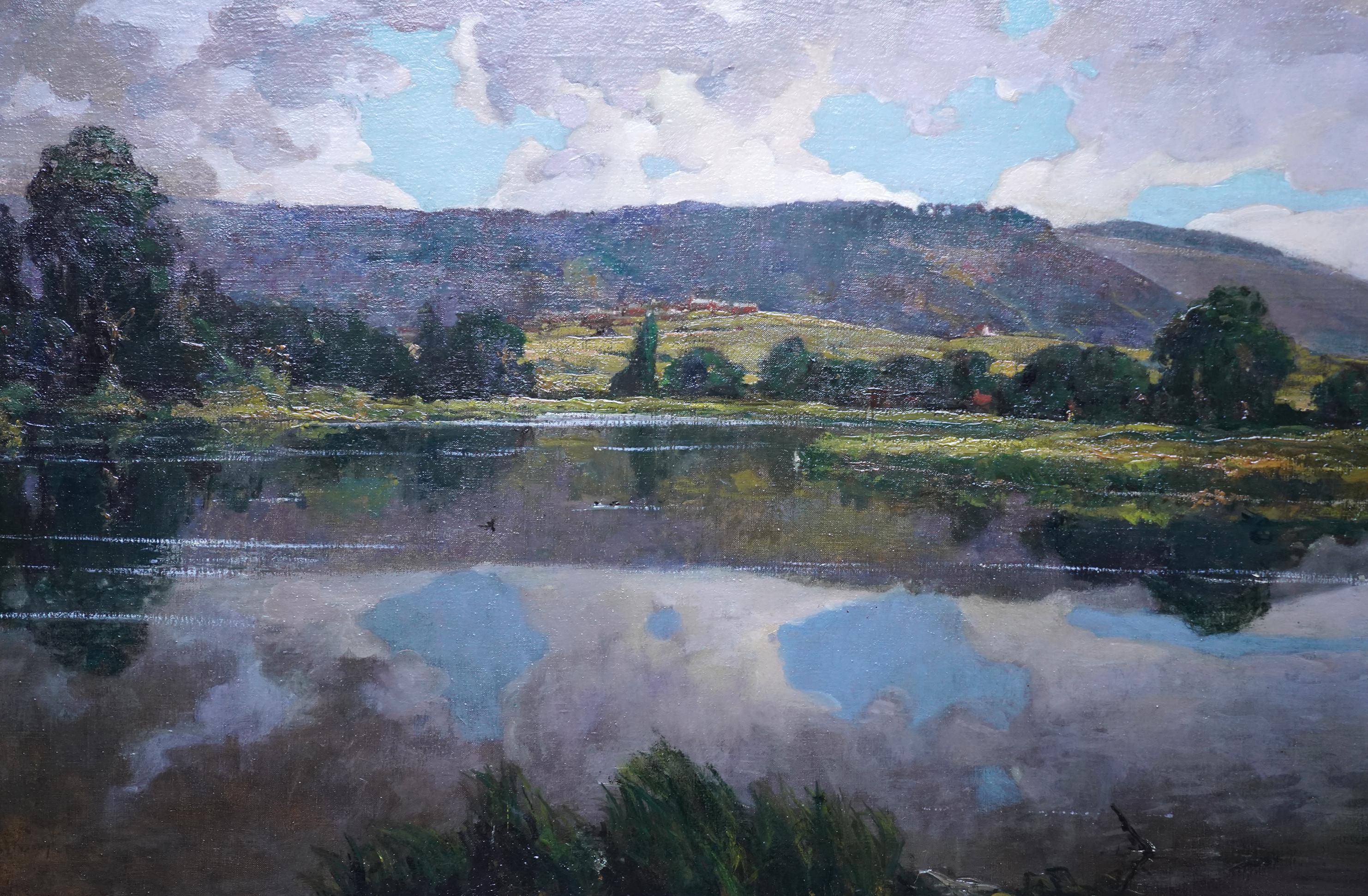 Evening on the Lake - Schottisches Ölgemälde einer impressionistischen Landschaft im Edwardianischen Stil (Grau), Landscape Painting, von Alexander Jamieson