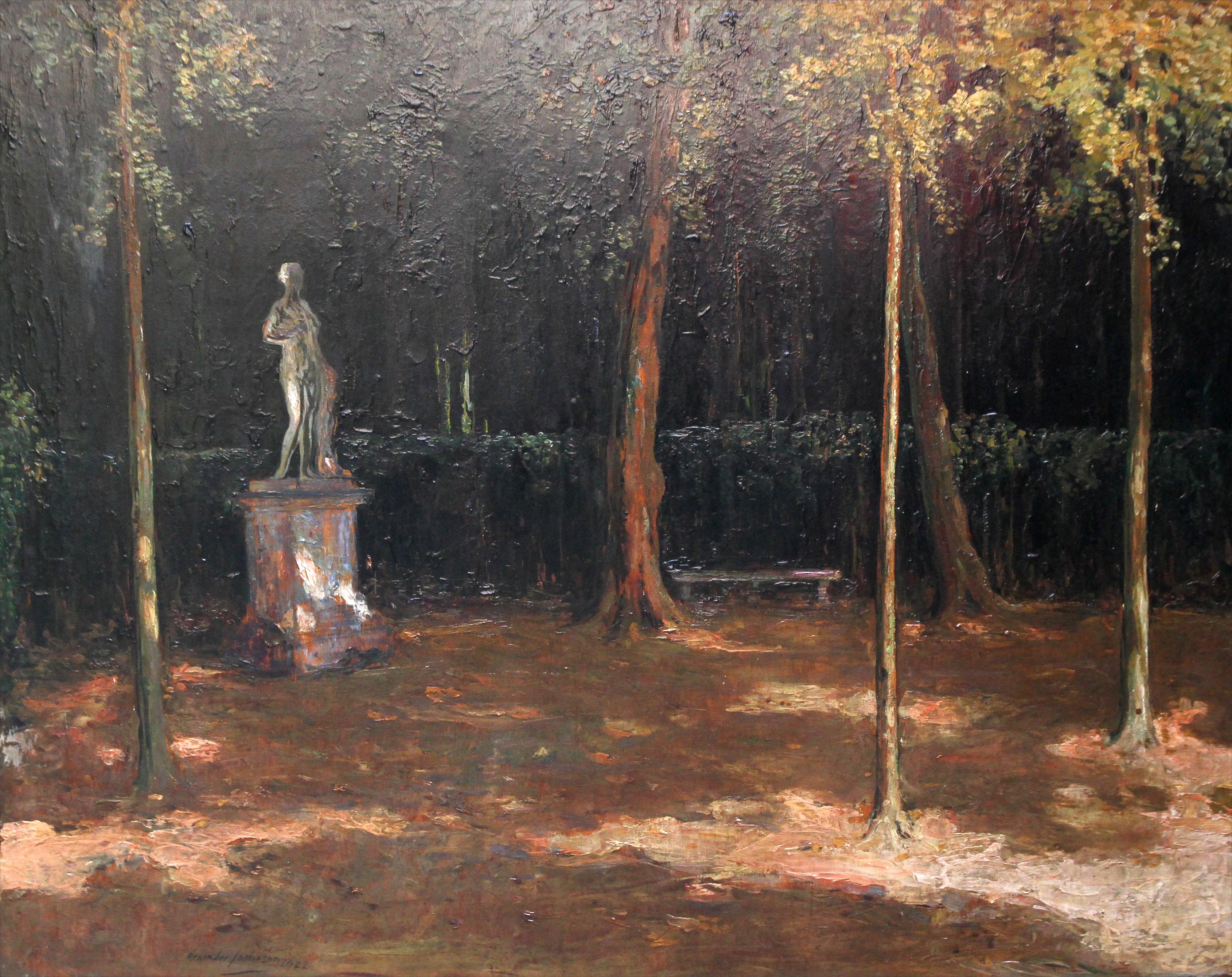 Garden Landscape - Scottish Impressionist oil painting statue Versailles France - Painting by Alexander Jamieson