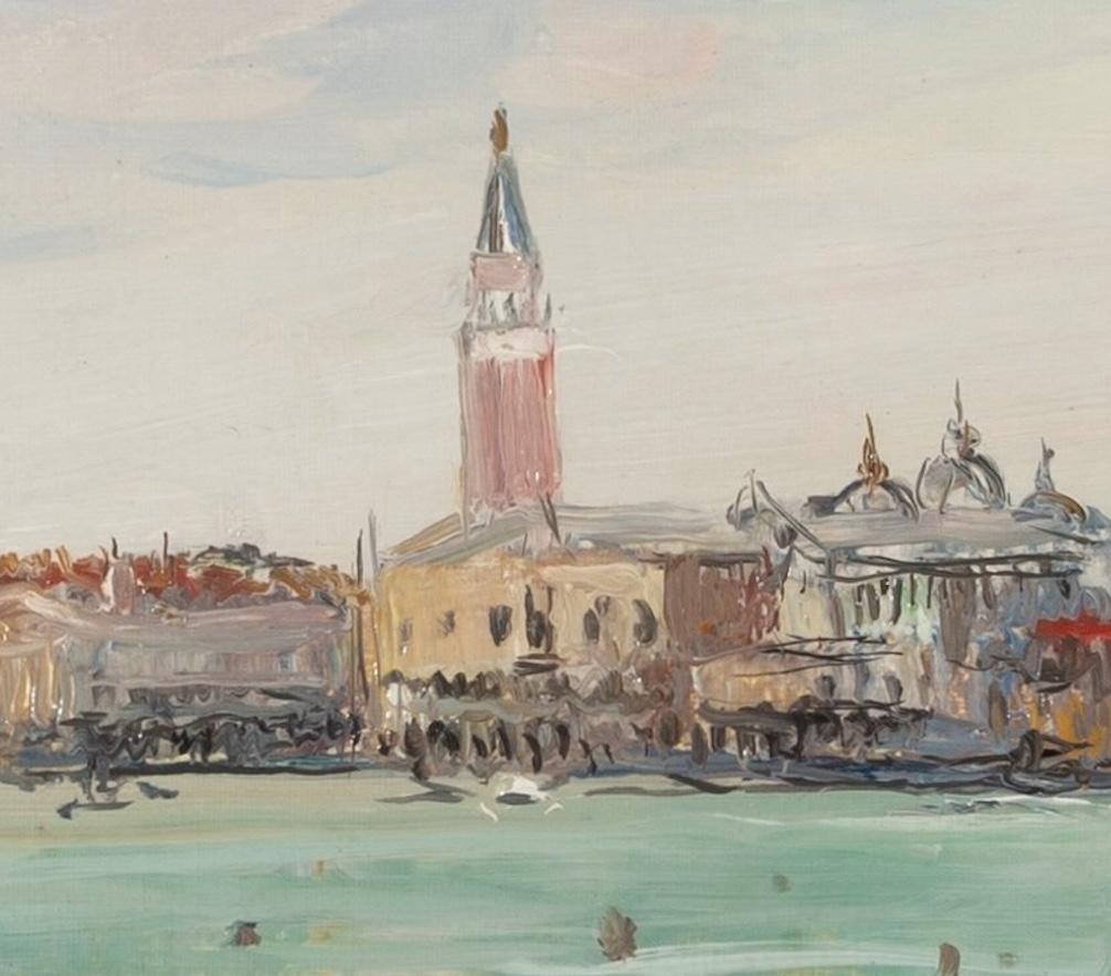 Venezia dal ponte della S.S. Orfod, 1931 - Pittura ad olio con paesaggio urbano e barche in vendita 2