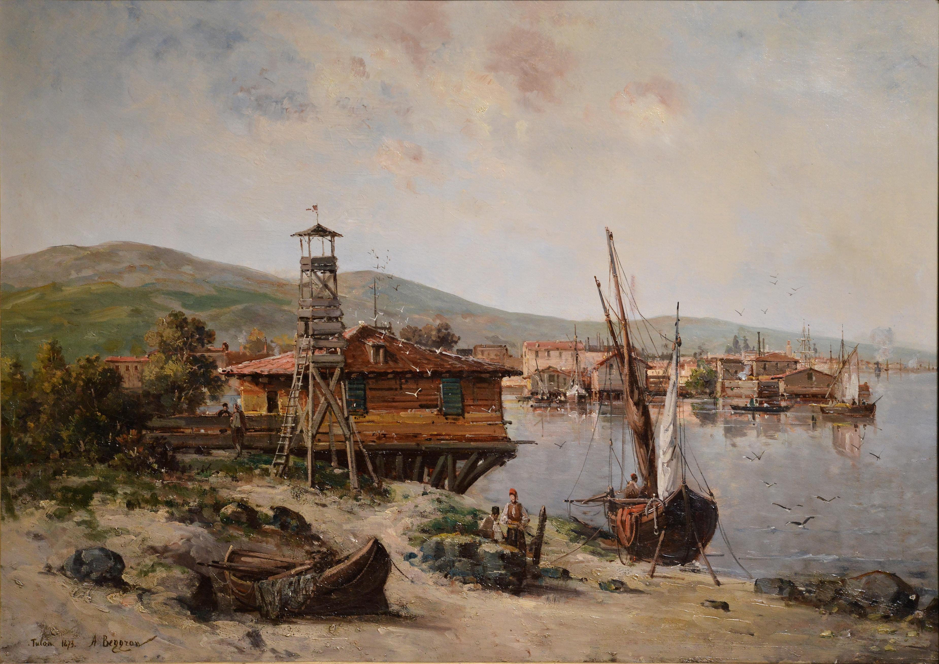 View Coastal in Port of Toulon 19th century Russian Oil painting by A. Beggrov - Painting by Alexander Karlovich Beggrov
