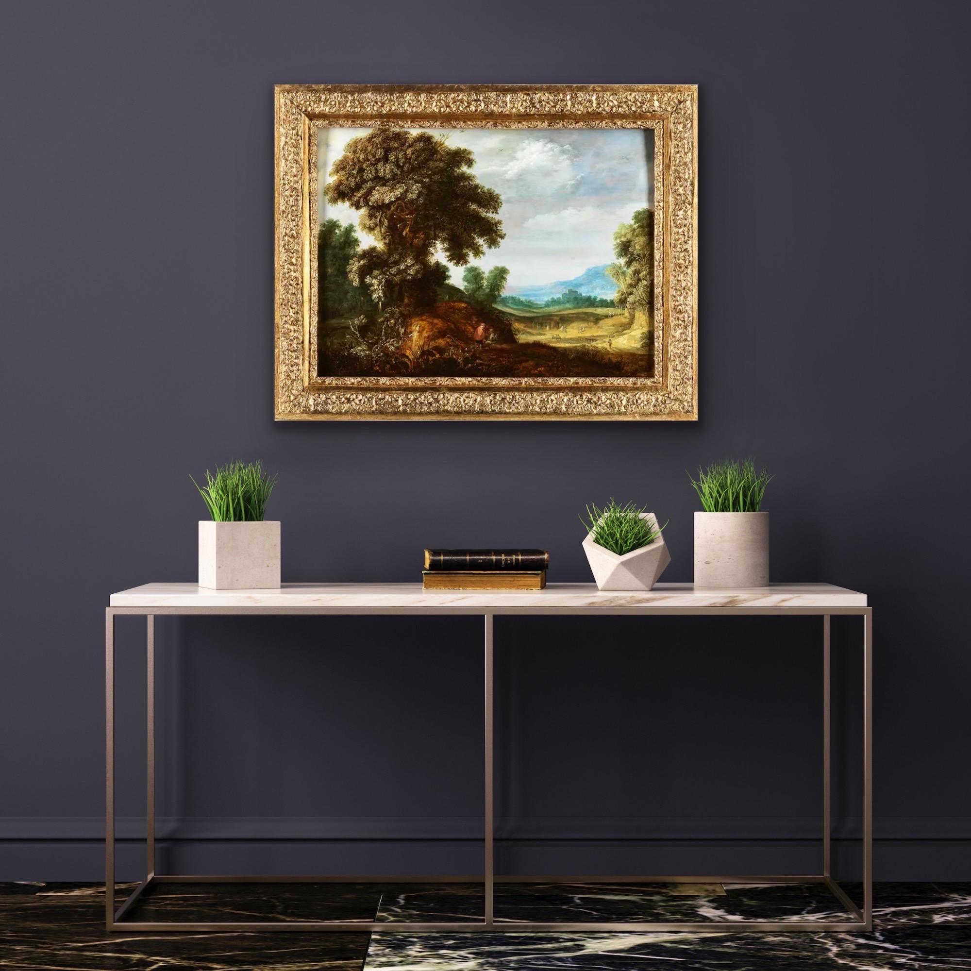Peinture de maître flamande du 17e siècle - Vaste paysage avec un chêne majestueux en vente 3
