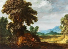 Peinture de maître flamande du 17e siècle - Vaste paysage avec un chêne majestueux