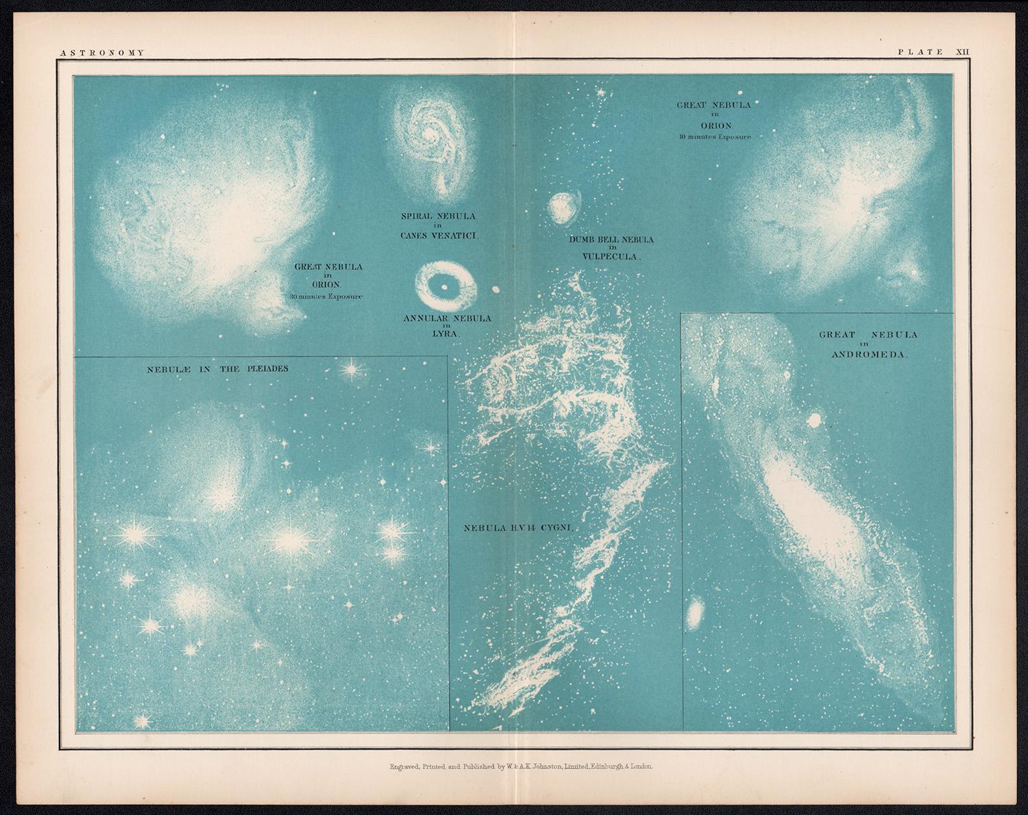 Nebulae, antique astronomy science diagram illustration print - Print by Alexander Keith Johnston