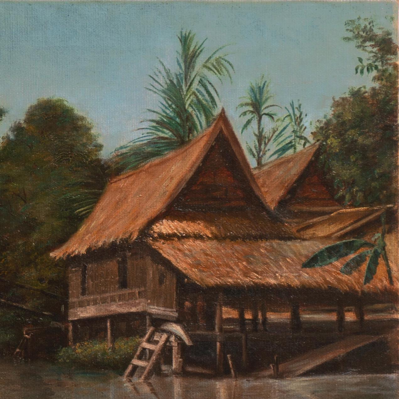 Signed lower right, 'A. W. Kerr' for Alexander Kerr (Australian, 1875-1950) and painted circa 1920.
Inscribed on original frame, 'Menam River, Bangkok, Siam'

A finely painted, early 20th-century oil landscape showing the Menam River in Thailand