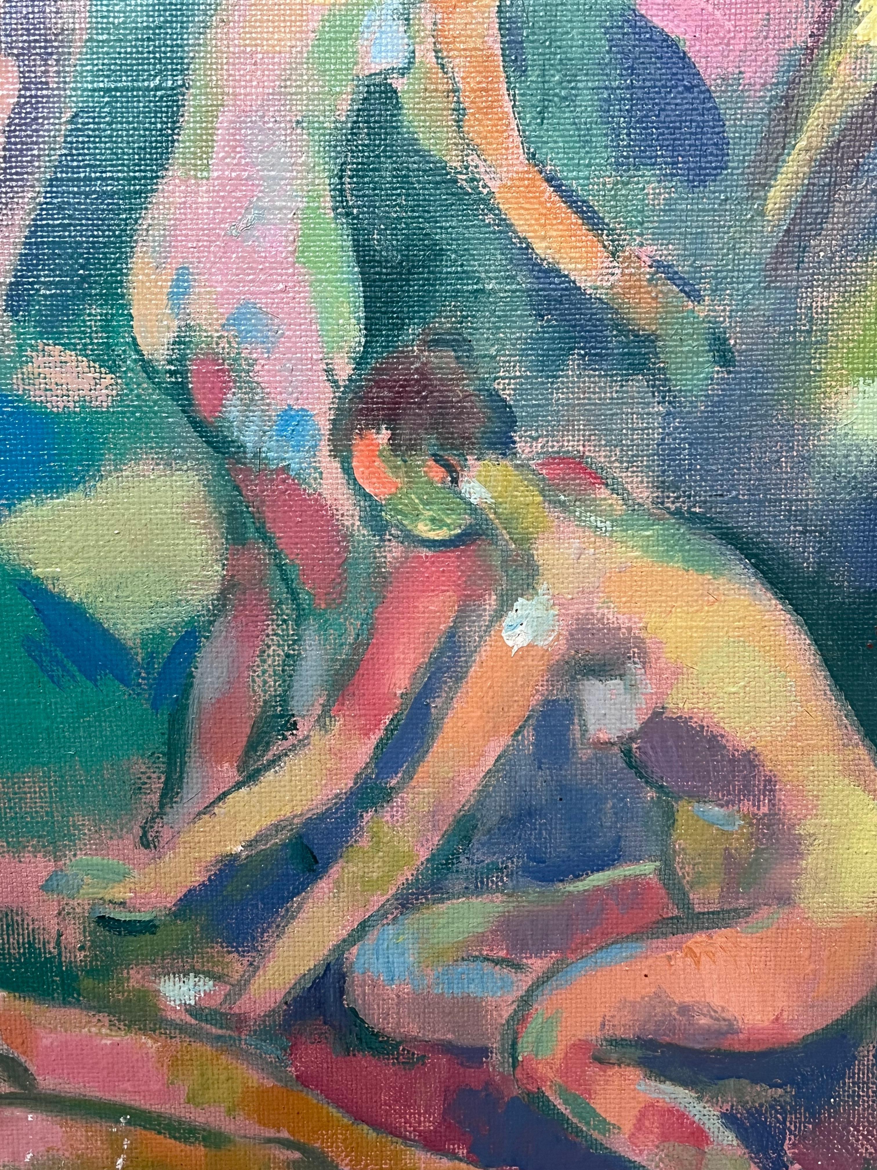Grande peinture à l'huile russe post-impressionniste signée Nus baigneurs dans une forêt en vente 6