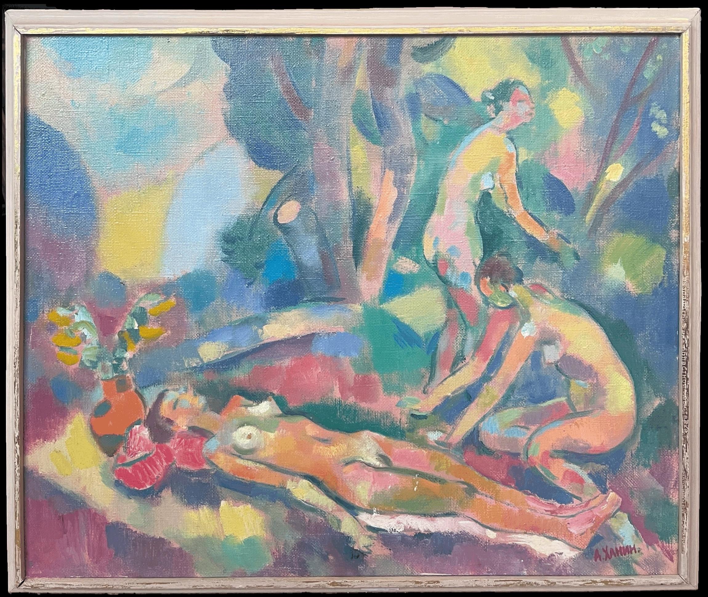 Grande peinture à l'huile russe post-impressionniste signée Nus baigneurs dans une forêt - Painting de Alexander Khanin