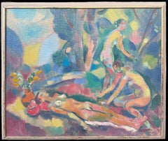 Large Russian Post-Impressionist Signed Oil Painting Nude Bathers in Woodland