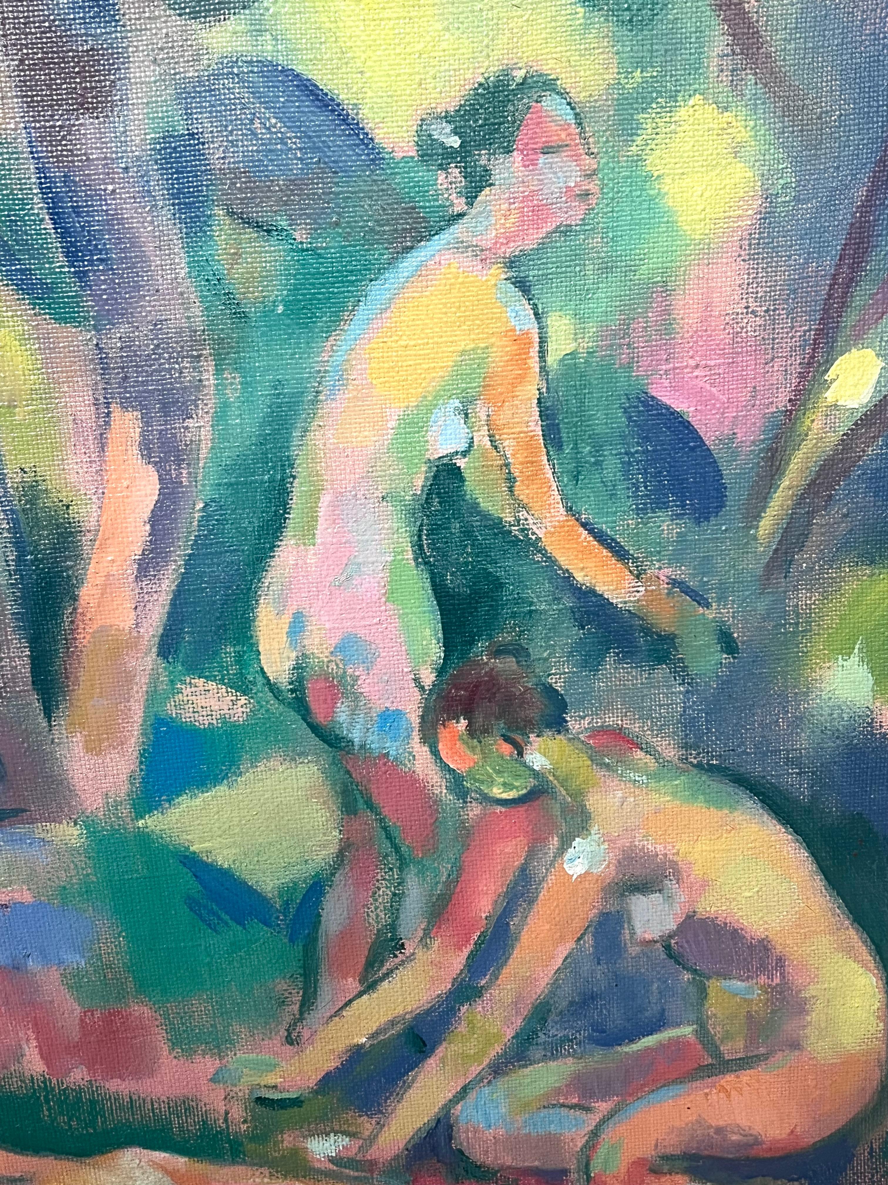 Grande peinture à l'huile russe post-impressionniste signée Nus baigneurs dans une forêt en vente 3