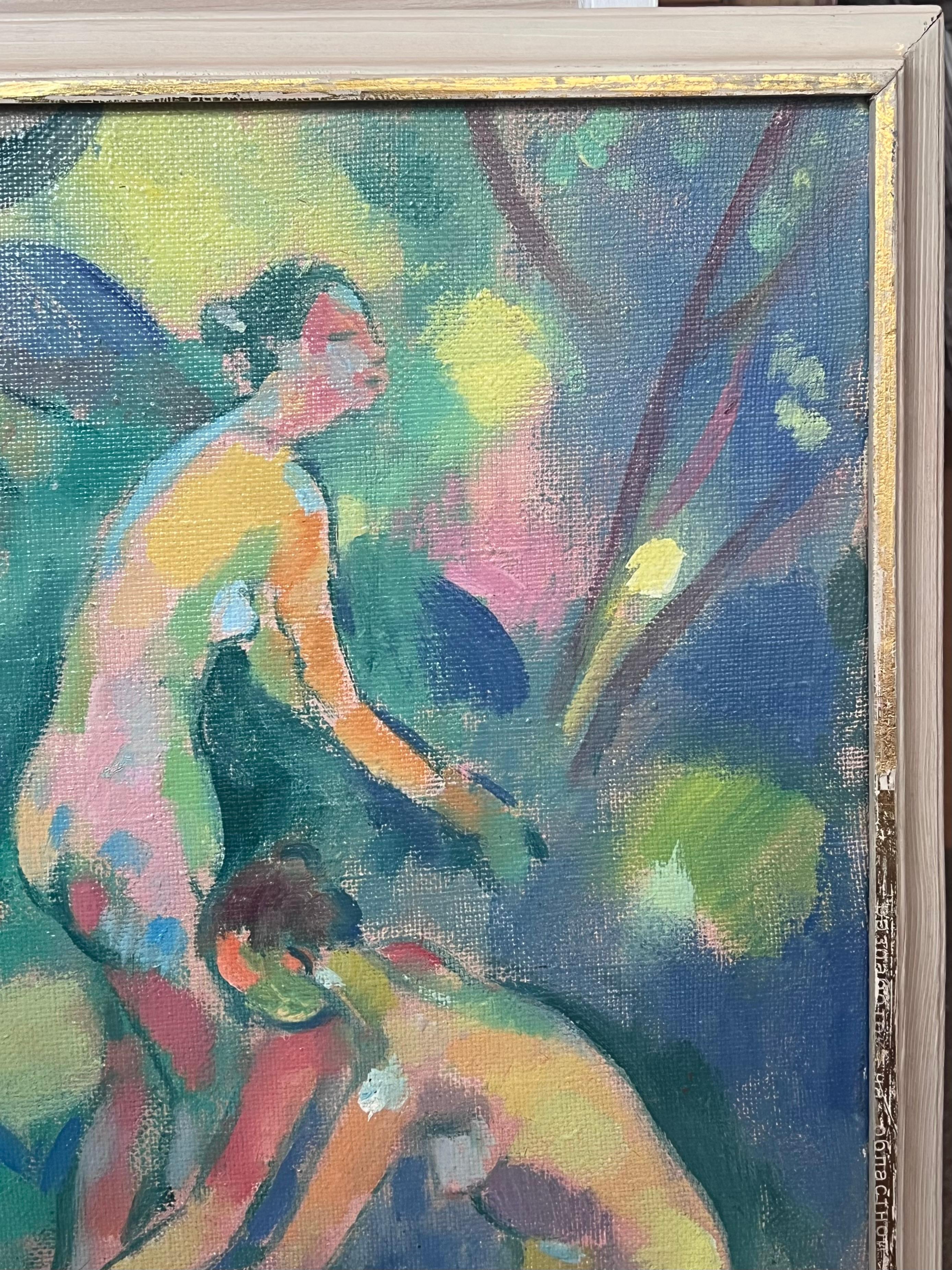 Grande peinture à l'huile russe post-impressionniste signée Nus baigneurs dans une forêt en vente 4