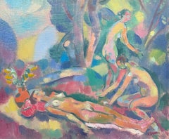 Large Russian Post-Impressionist Signed Oil Painting Nude Bathers in Woodland
