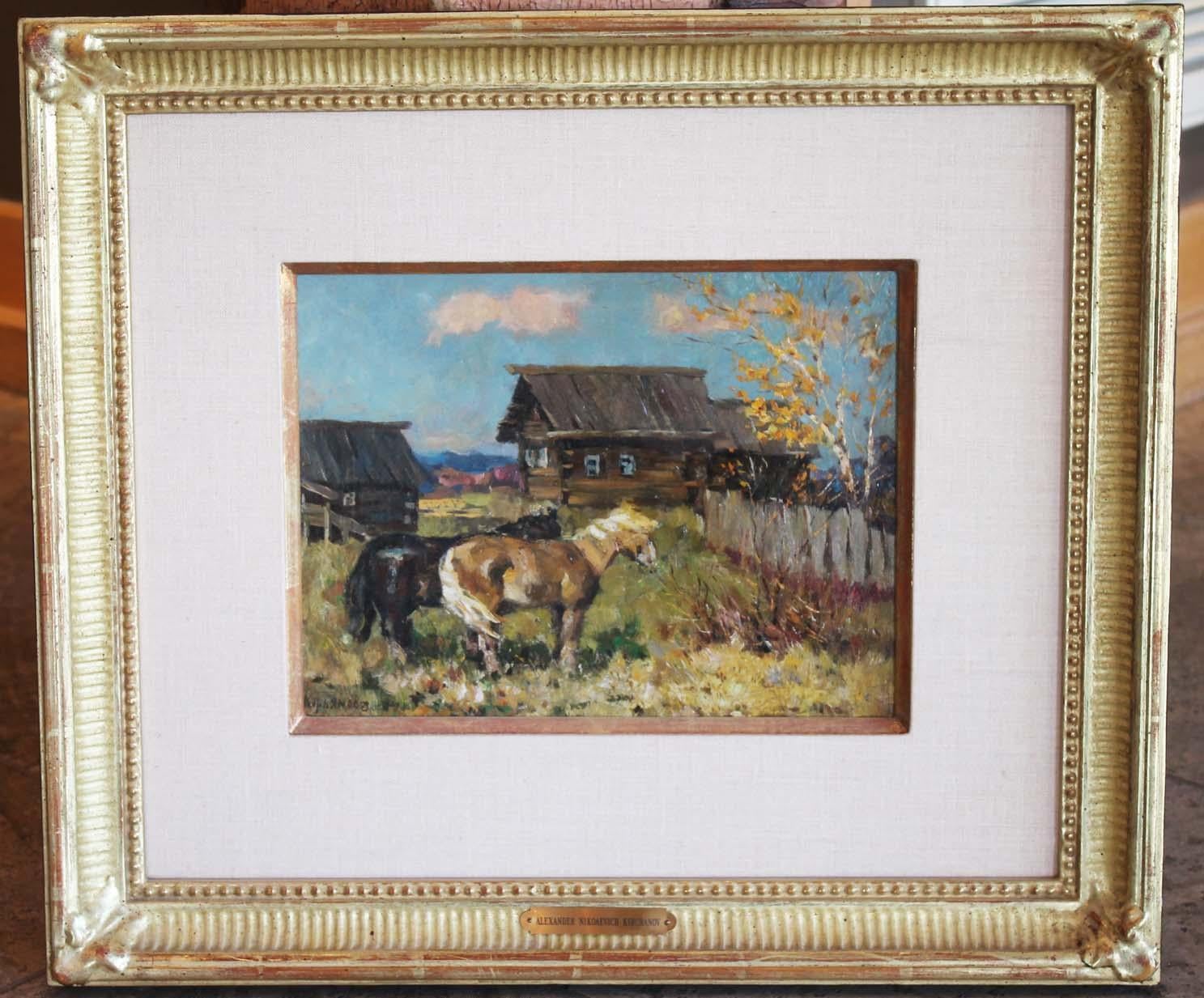 Paysage de village avec chevaux - Painting de Alexander Kirchanov