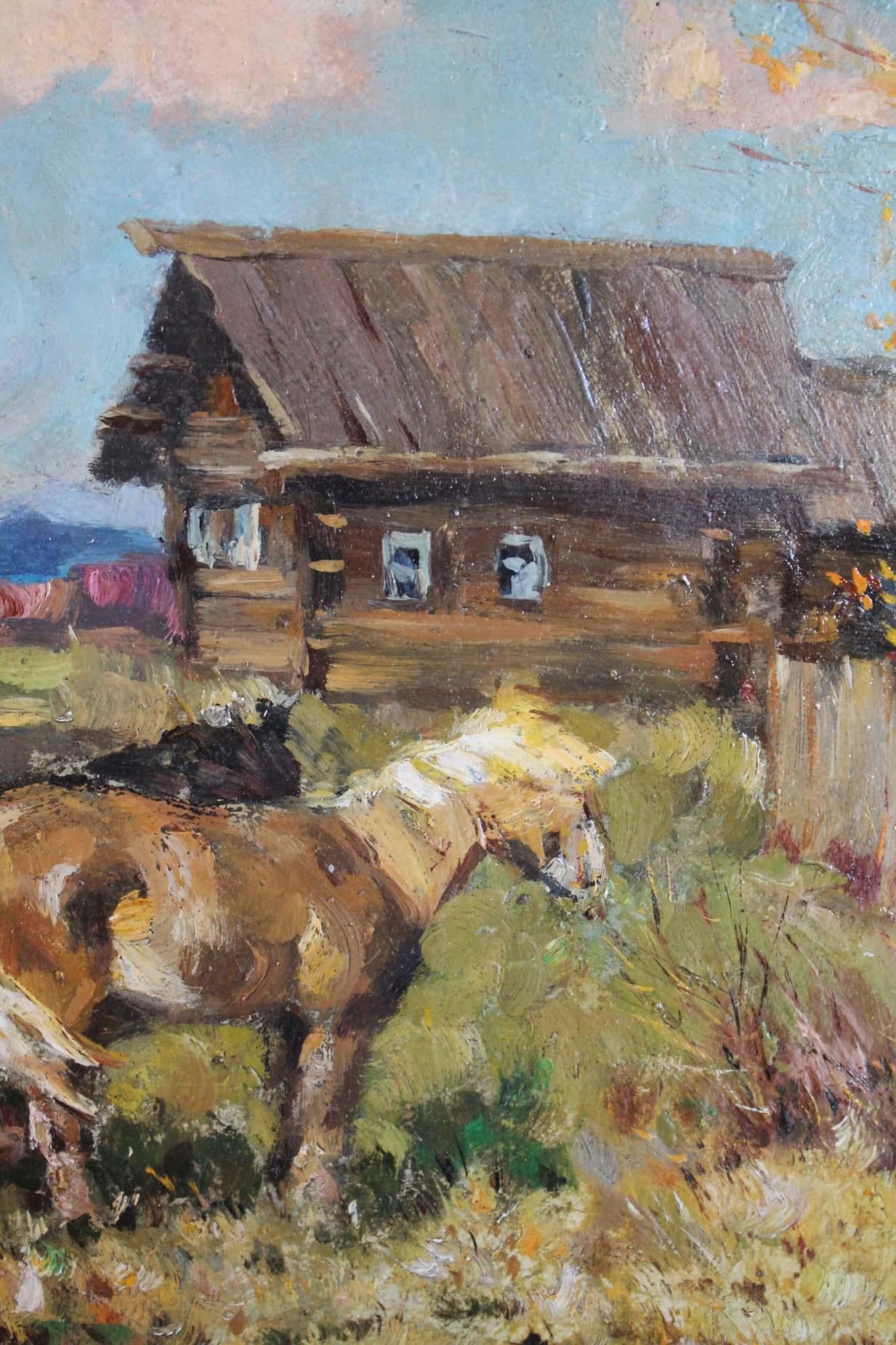 Paysage de village avec chevaux - Gris Animal Painting par Alexander Kirchanov