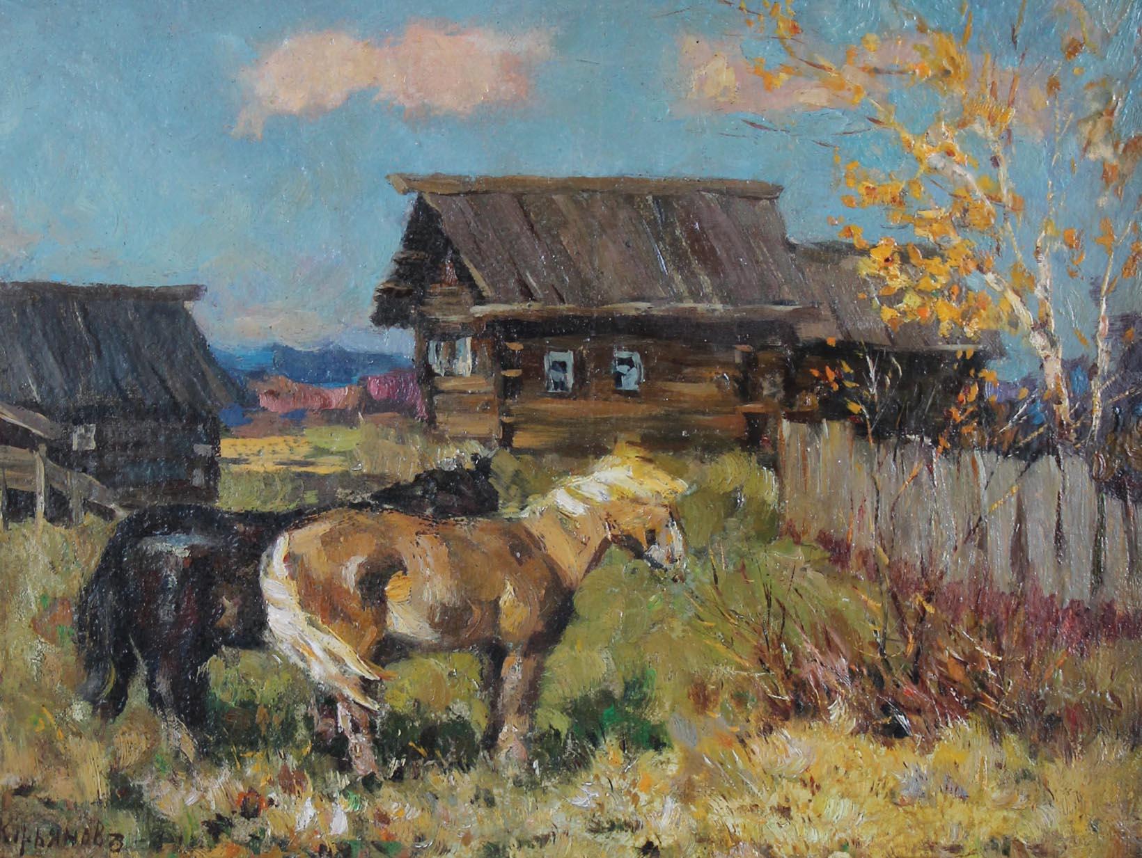 Animal Painting Alexander Kirchanov - Paysage de village avec chevaux