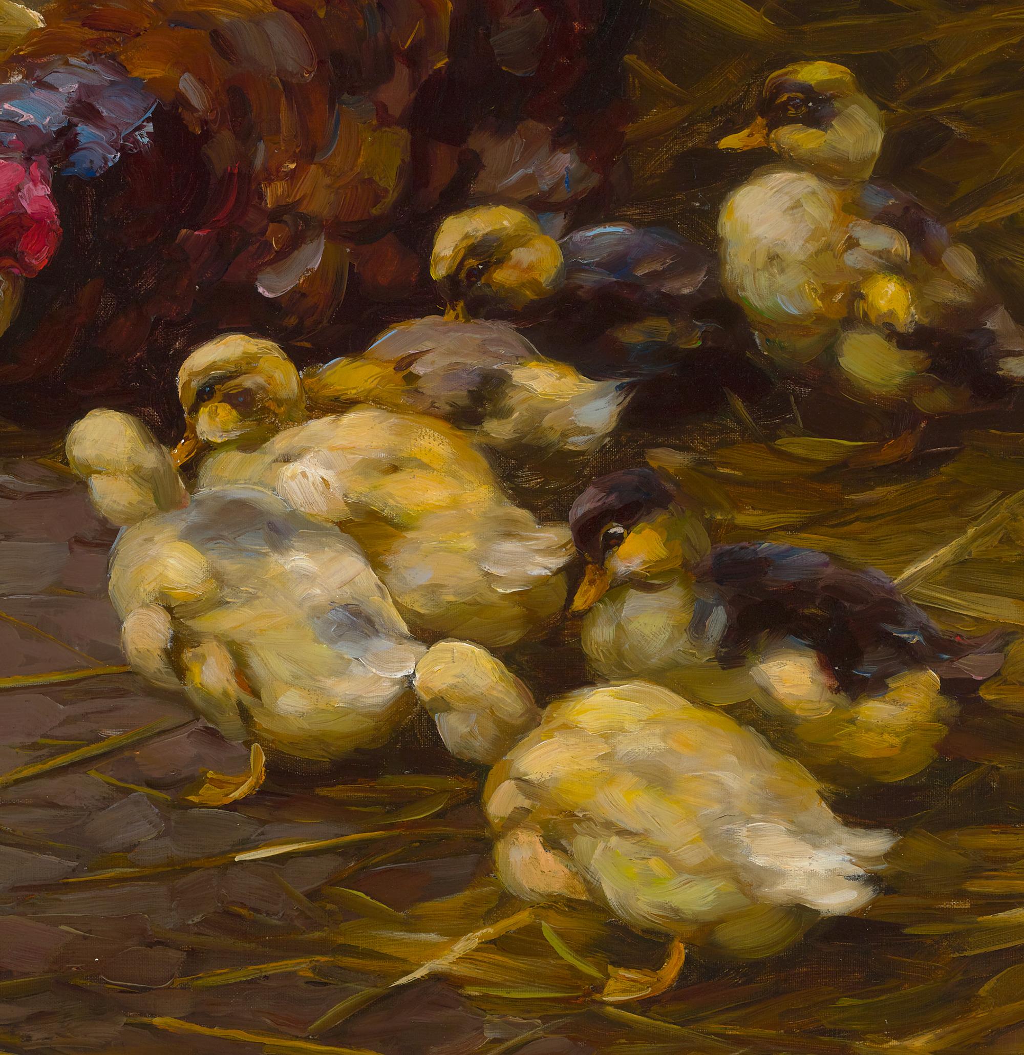 Des canetons et une mère poule - Post-impressionnisme Painting par Alexander Koester