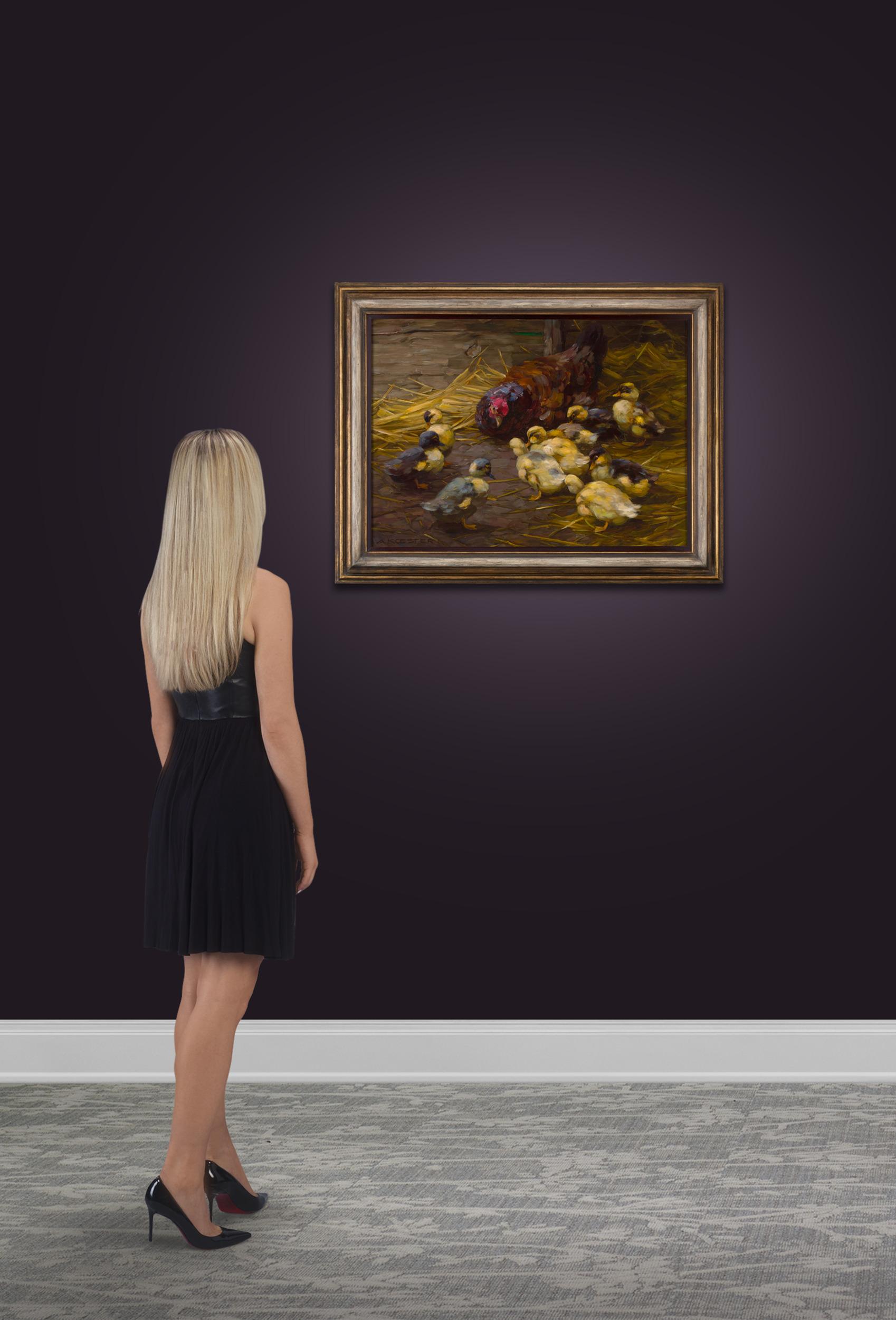 Des canetons et une mère poule - Marron Animal Painting par Alexander Koester