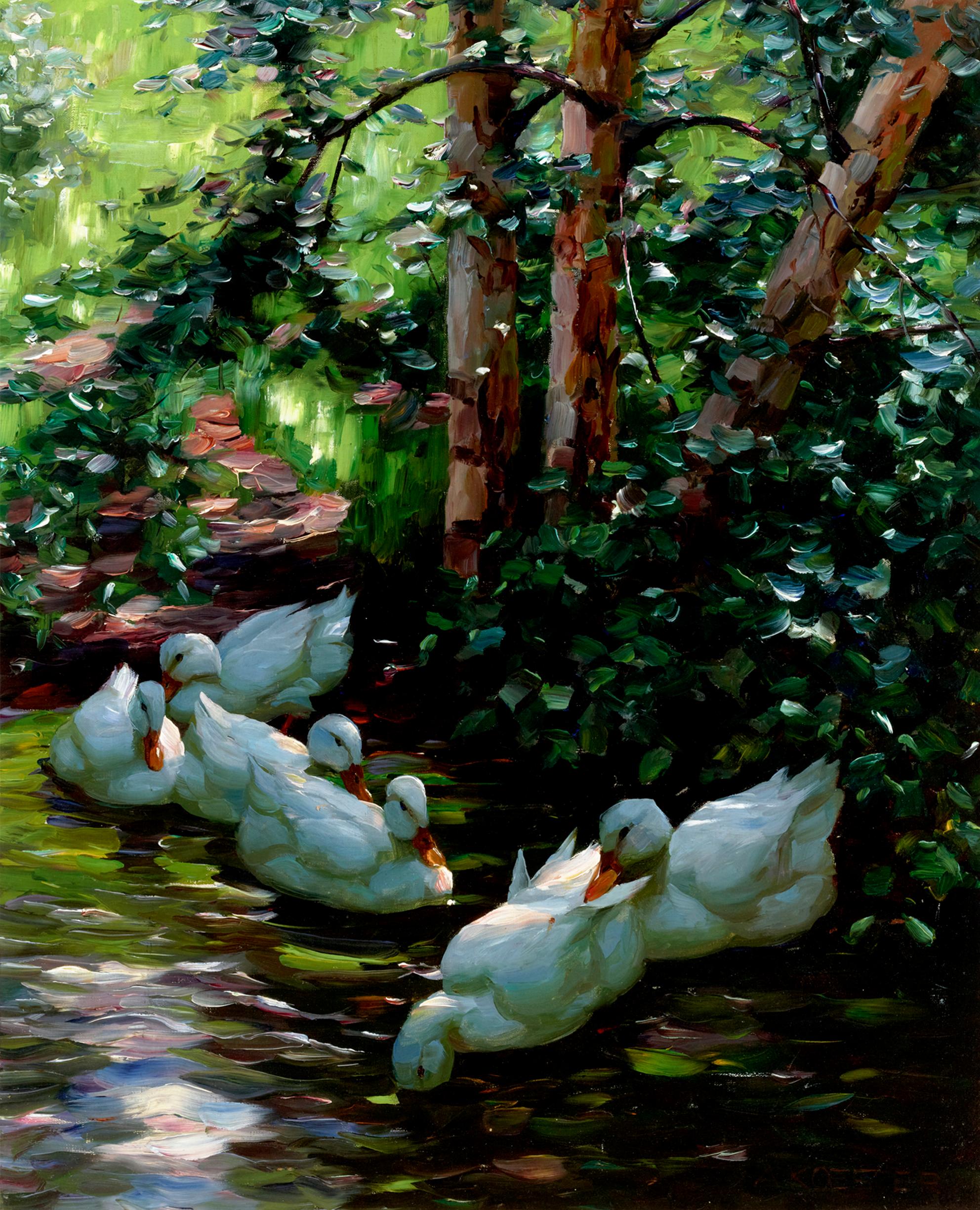 Alexander Koester Landscape Painting - Sechs Enten im Wasser (Six Ducks in the Water) 