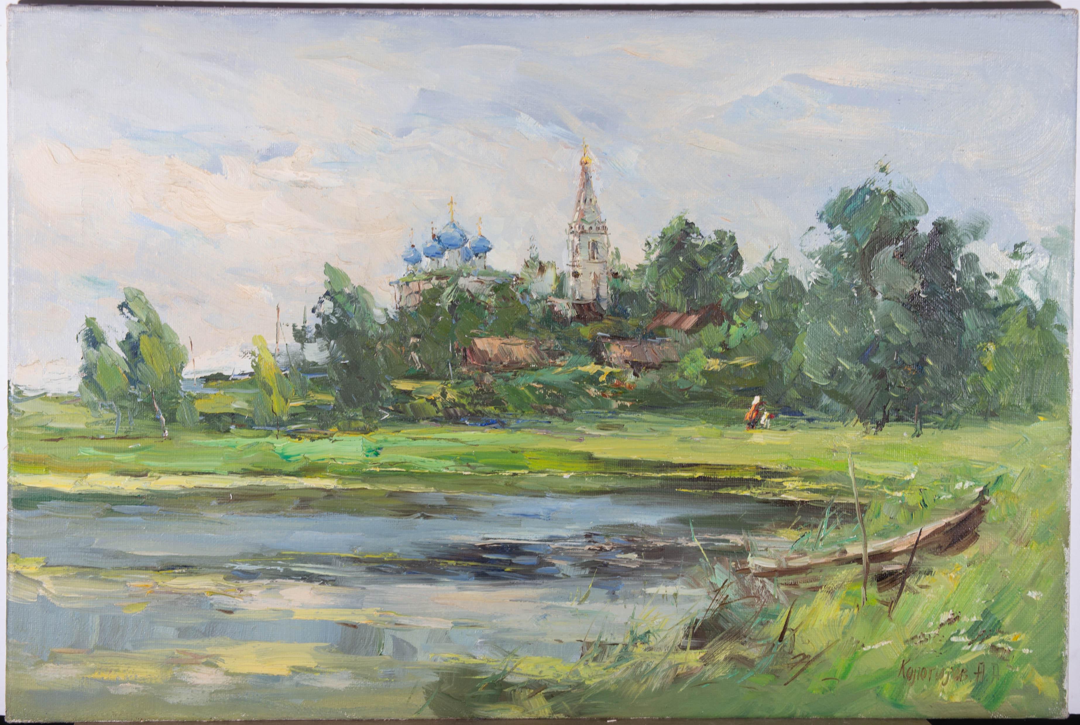 A vibrant and picturesque oil view of a summer evening by a river with verdant banks and the tips of the blue domes of an Orthodox Russian church in the distance.. The artist has signed to the lower right corner and inscribed and signed in Russian