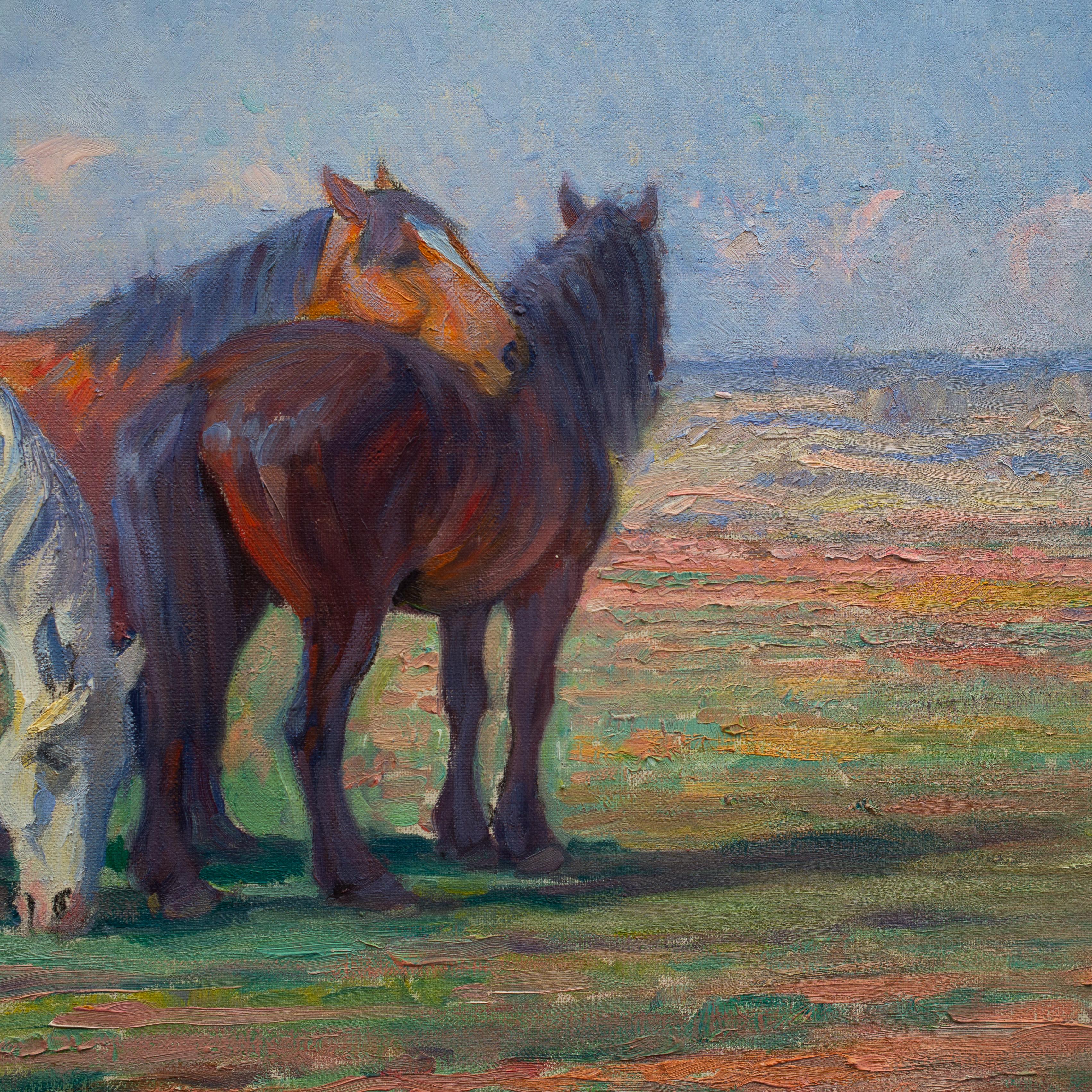 A Team of Horses on a Field by Swedish Artist Alexander Langlet, Painted 1915 3