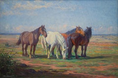 A Team of Horses on a Field by Swedish Artist Alexander Langlet, Painted 1915