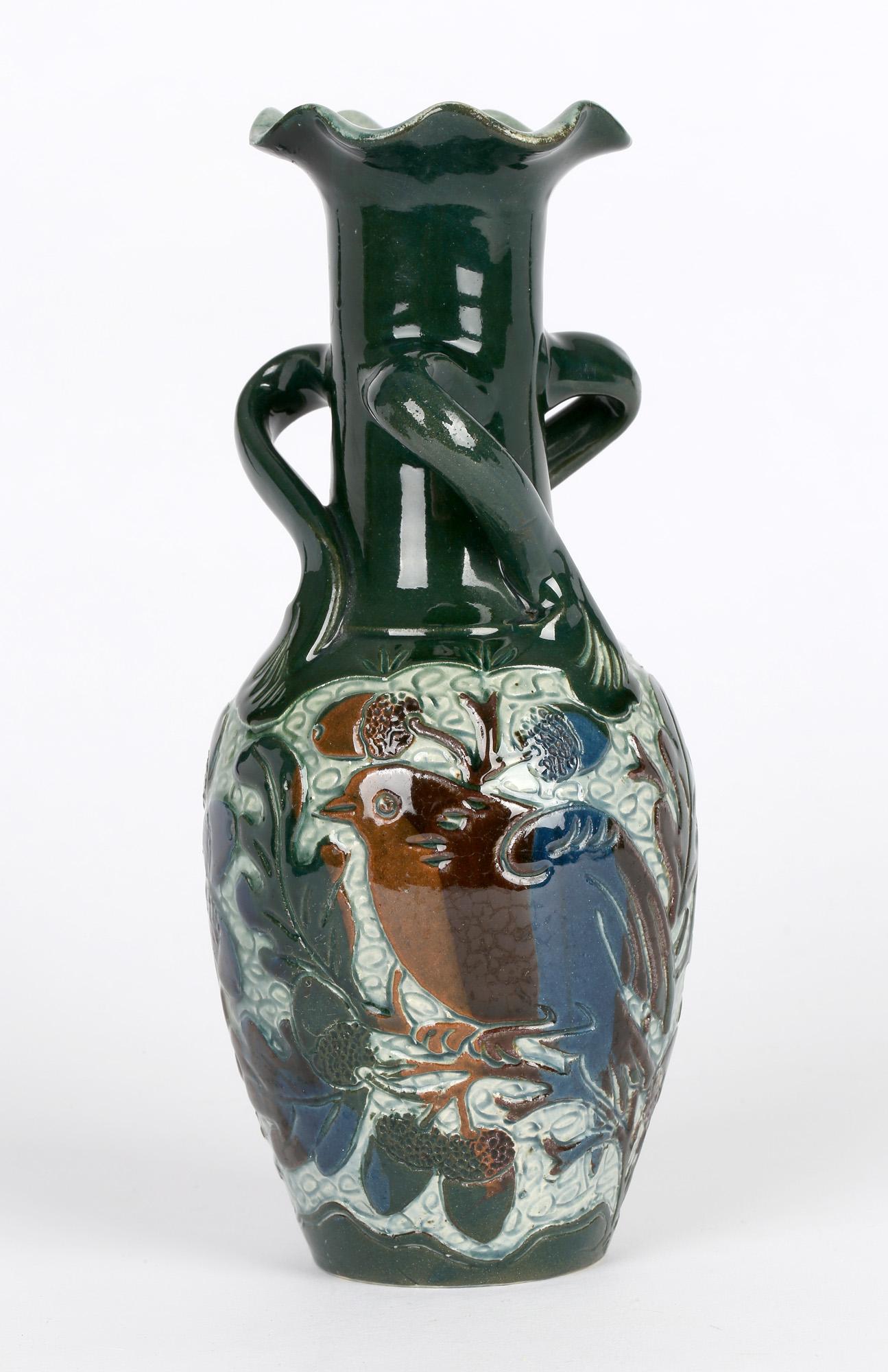 19th Century Alexander Lauder Sgraffito Art Pottery Handled Bird Vase For Sale