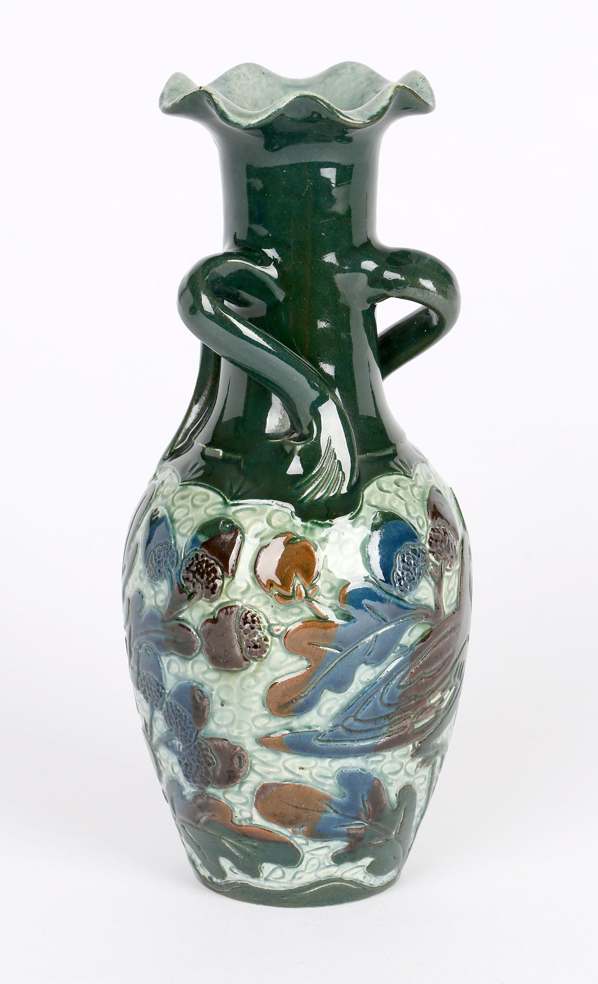 Hand-Painted Alexander Lauder Sgraffito Art Pottery Handled Bird Vase For Sale