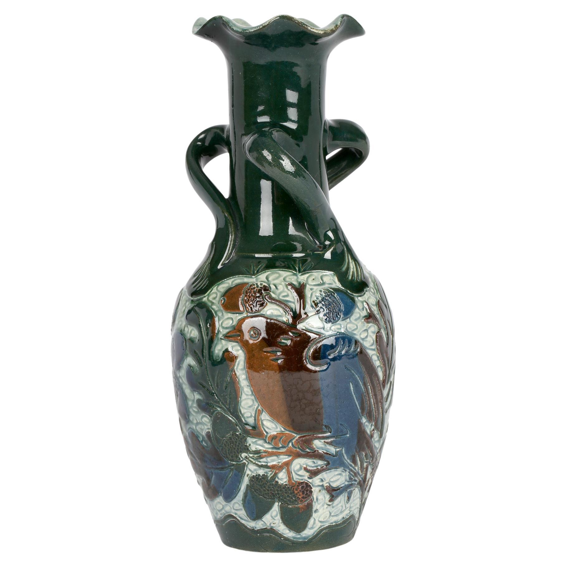 Alexander Lauder Sgraffito Art Pottery Handled Bird Vase For Sale
