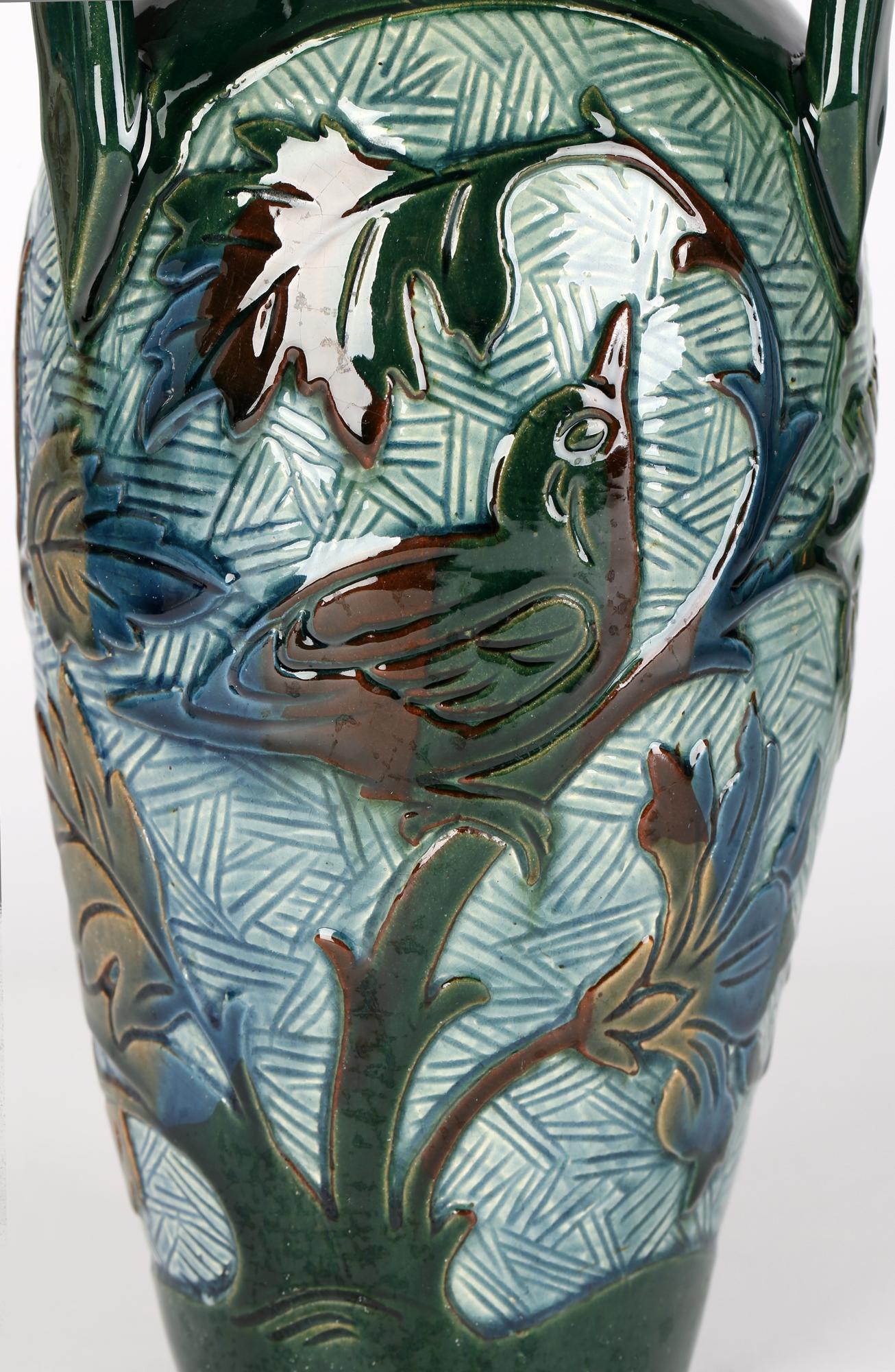 Late 19th Century Alexander Lauder Three Handled Sgraffito Art Pottery Vase with Birds