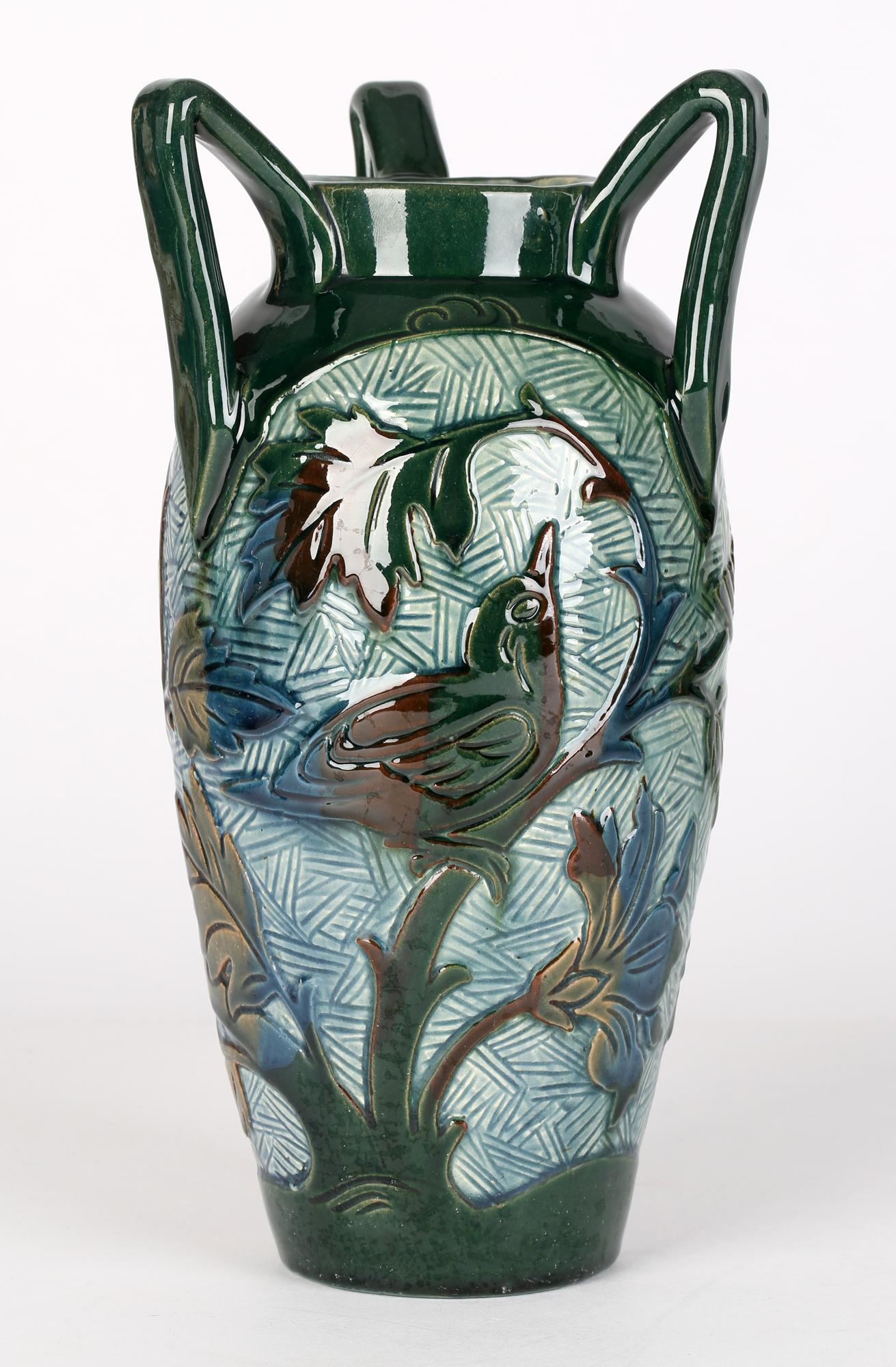 English Alexander Lauder Three Handled Sgraffito Art Pottery Vase with Birds