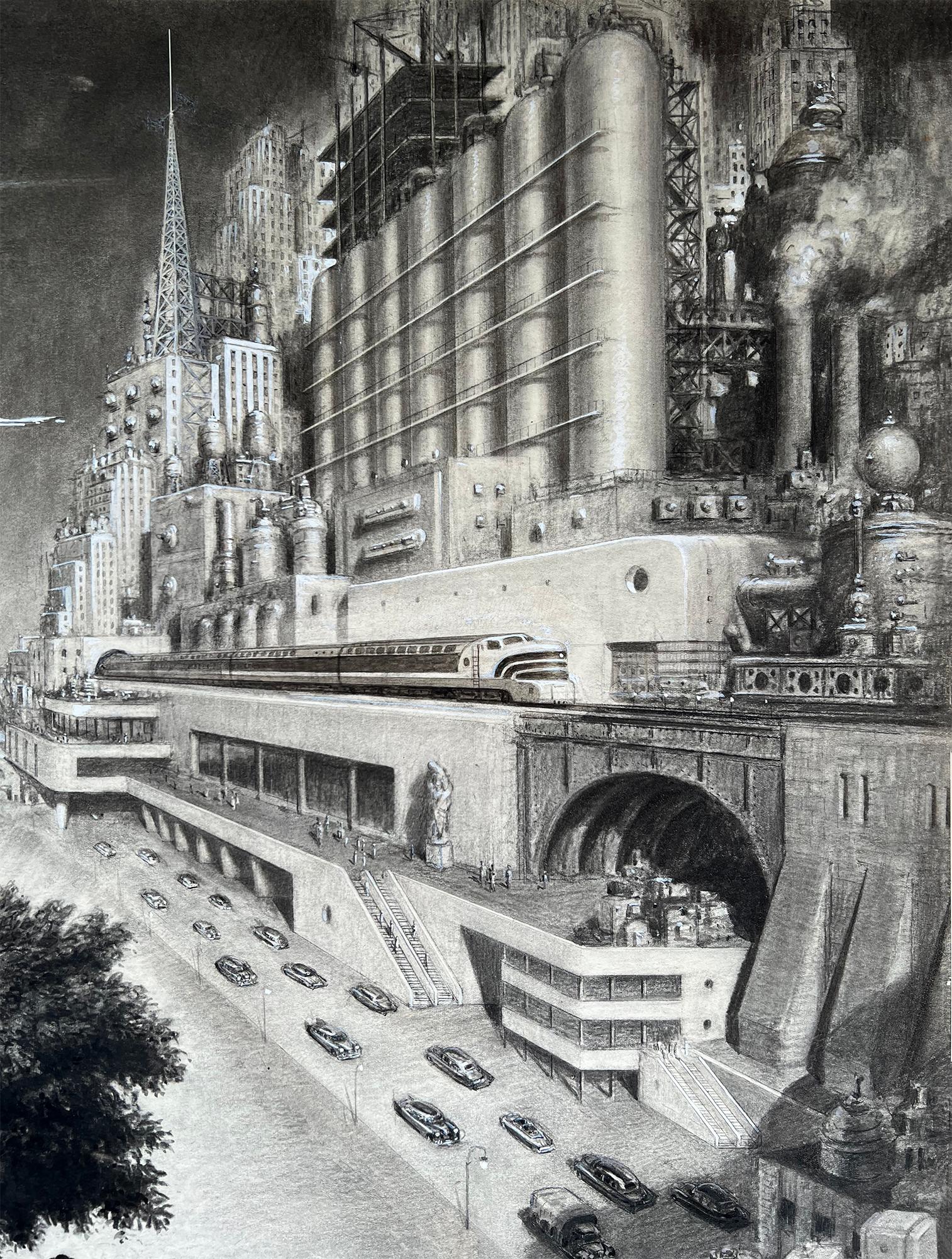 Futuristische Vision  New Yorker Skyline aus der Mitte des Jahrhunderts – Industrial Progress im Angebot 5