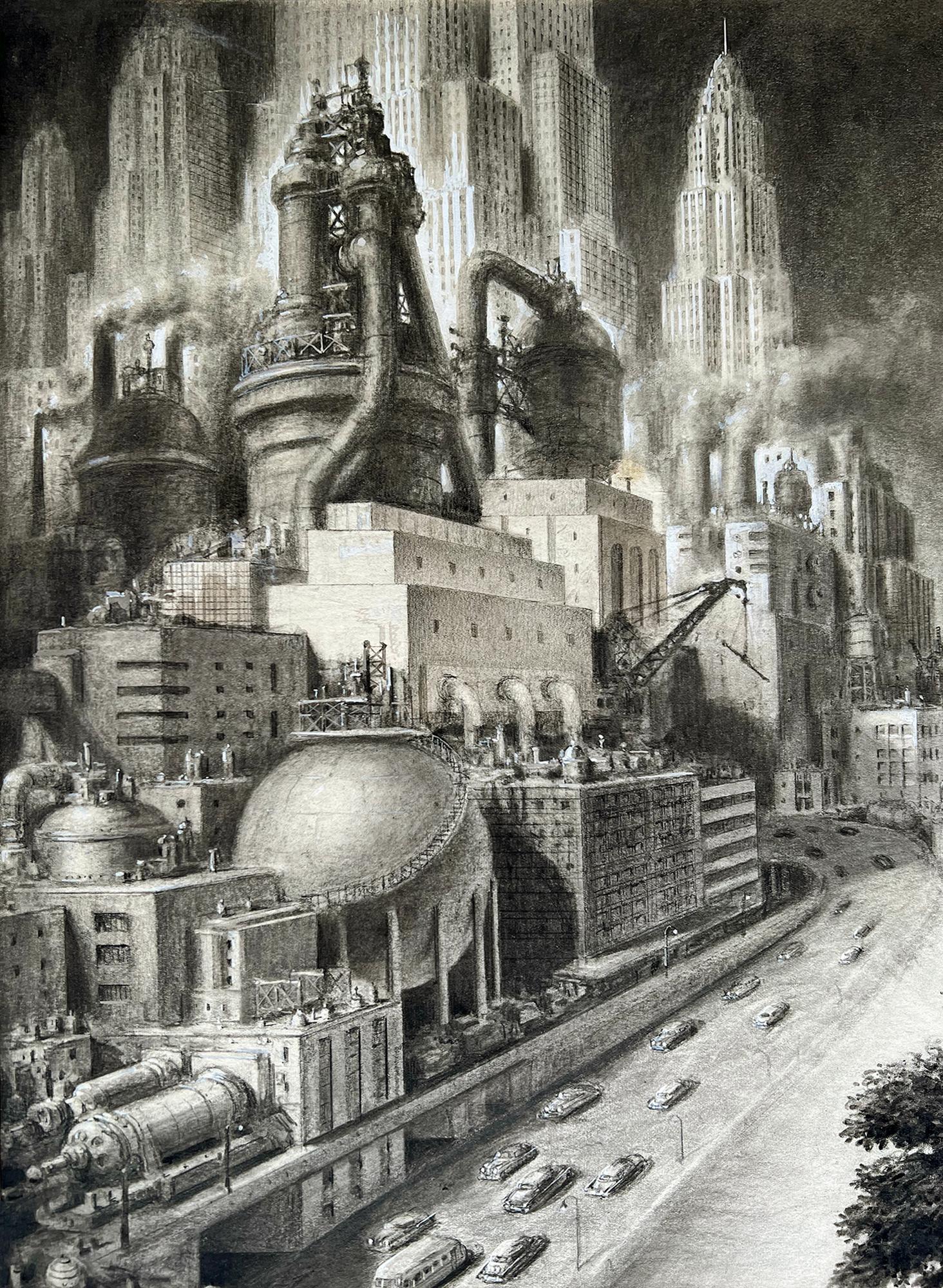 Vision futuriste  - « Mid-Century New York Skyline » (Licence de l'industrie de New York) - Art déco Painting par alexander leydenfrost