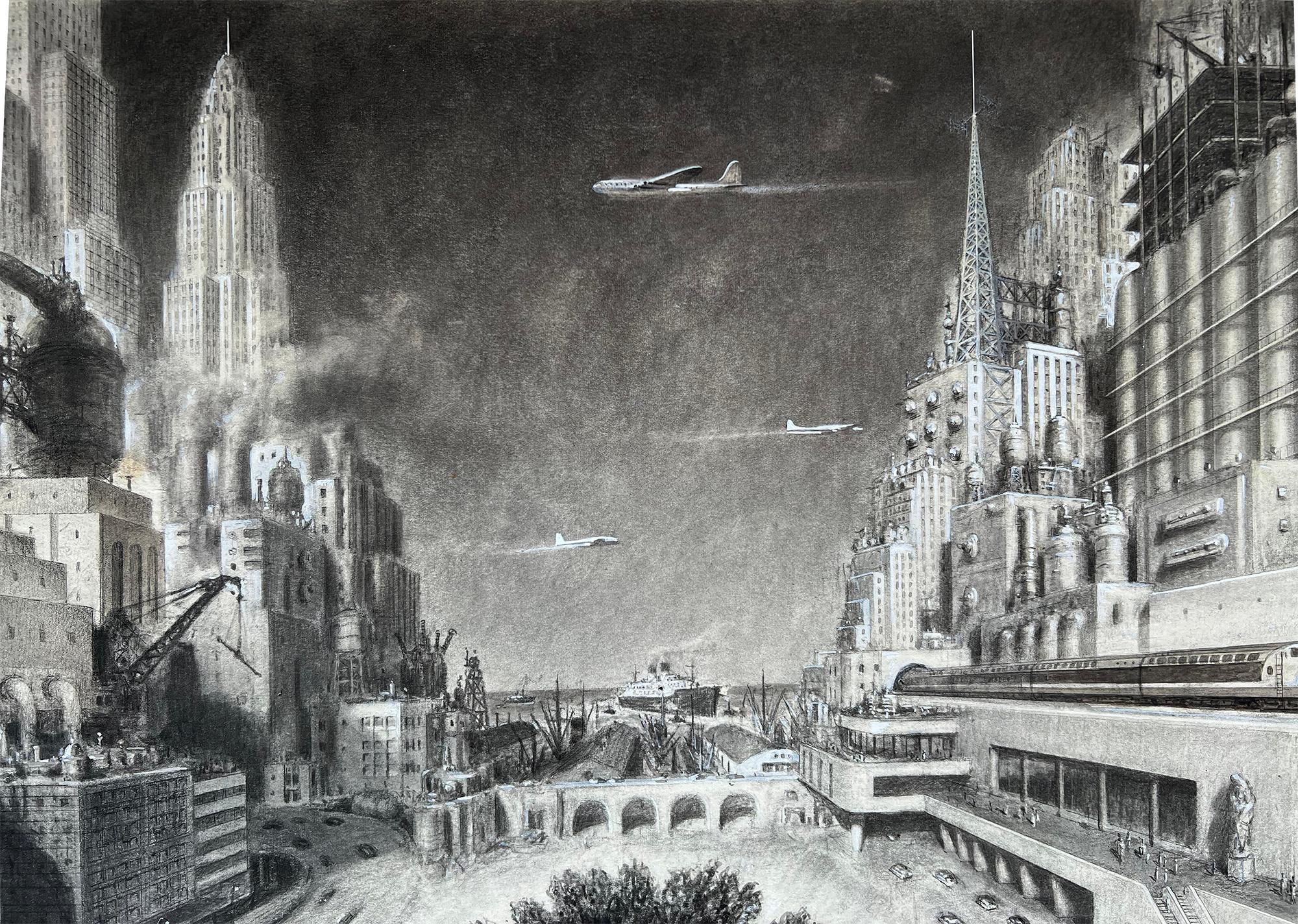 Futuristische Vision  New Yorker Skyline aus der Mitte des Jahrhunderts – Industrial Progress (Art déco), Painting, von alexander leydenfrost