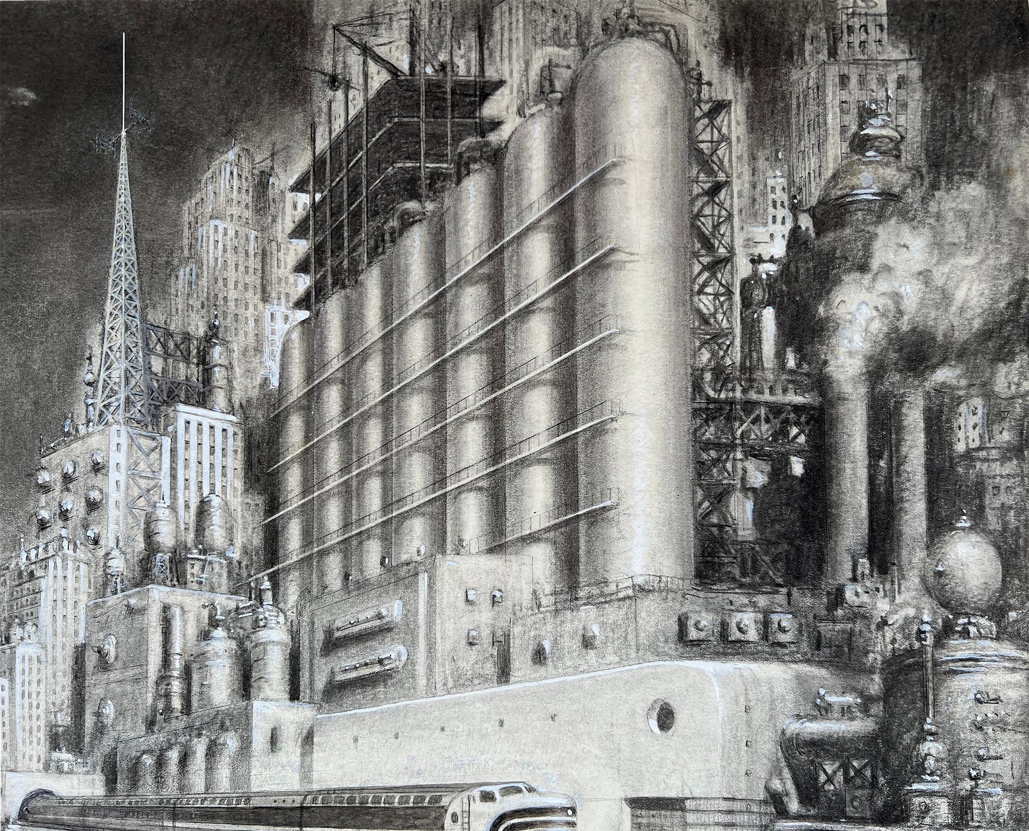 Futuristische Vision  New Yorker Skyline aus der Mitte des Jahrhunderts – Industrial Progress im Angebot 4