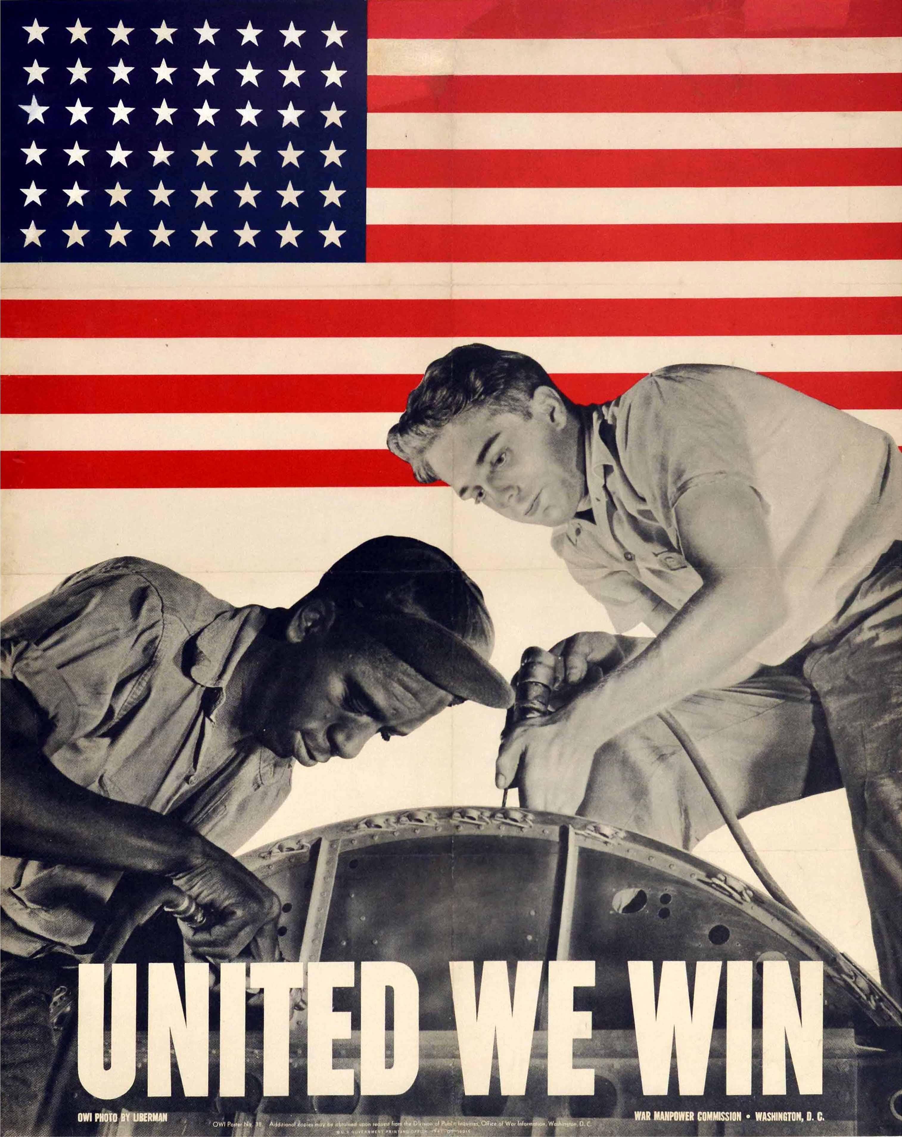 Alexander Liberman Print - Original Vintage WWII Poster United We Win War Effort Factory Workers USA Flag