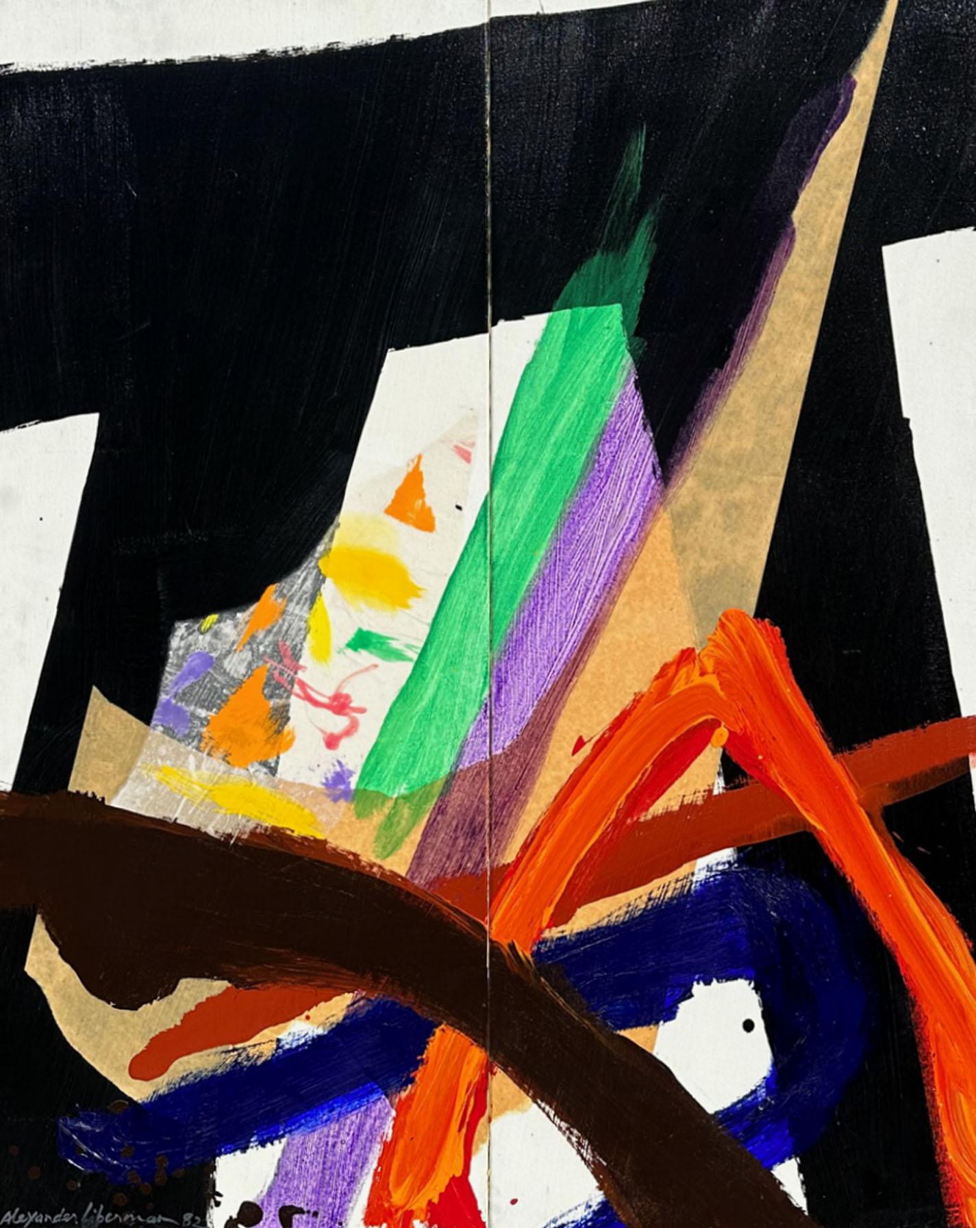 A 1982 abstract acrylic and collage on canvas painting by the Ukrainian-American artist Alexander Liberman (1912-1999). Signed and dated to the lower left corner, this painting stretches across two vertical canvases. Large brushstrokes come together