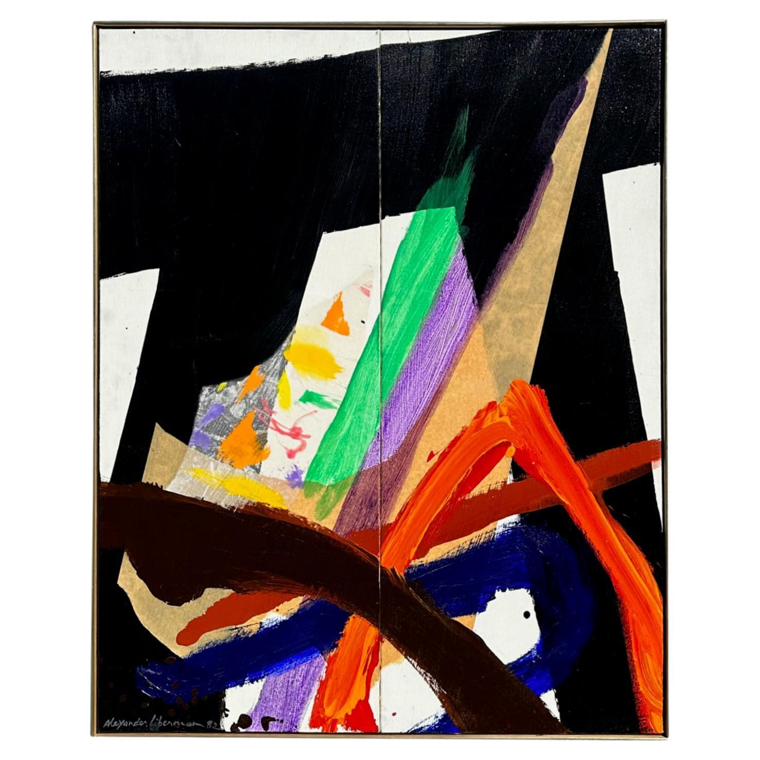 Alexander Liberman Signiert 1982 Abstrakte Acryl und Collage auf Leinwand Gemälde